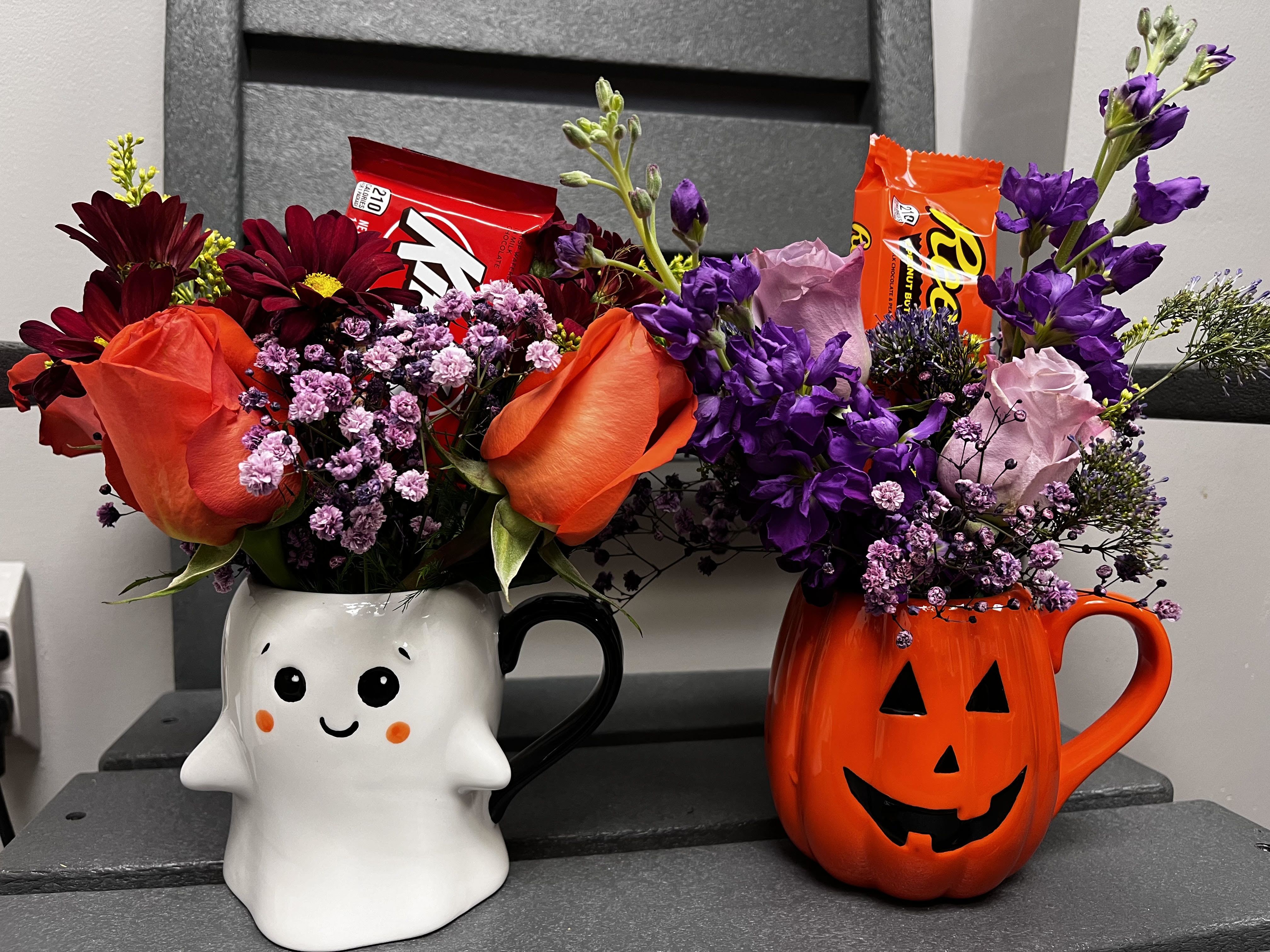 Halloween Treat Mug Halloween Treat Mug - Elevate your Halloween with our exclusive Halloween Treat Mug! This customized floral arrangement features vibrant blooms in a spooky, dishwasher-safe mug, perfect for adding festive flair to any space. Each mug comes with a sweet treat, making it a delightful gift for yourself or a loved one. Available only for the week of Halloween—grab yours before they disappear like ghosts in the night!