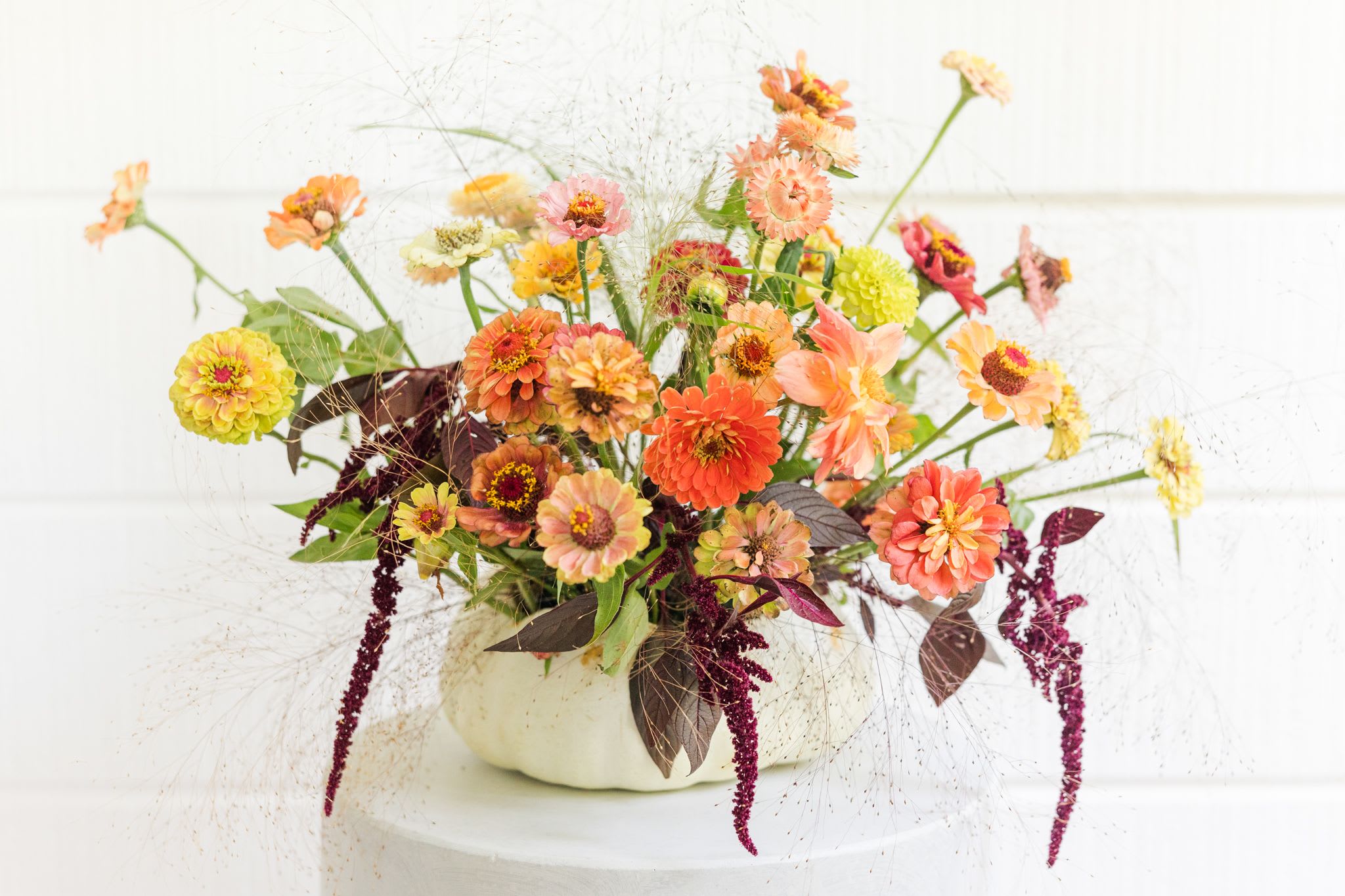 harvest elegance bouquet - this stunning arrangement features a white pumpkin centerpiece adorned with warm autumn blooms in reach oranges, deep reds, and golden yellows. Perfect for celebrating the seas on and adding a festive touch to your decor