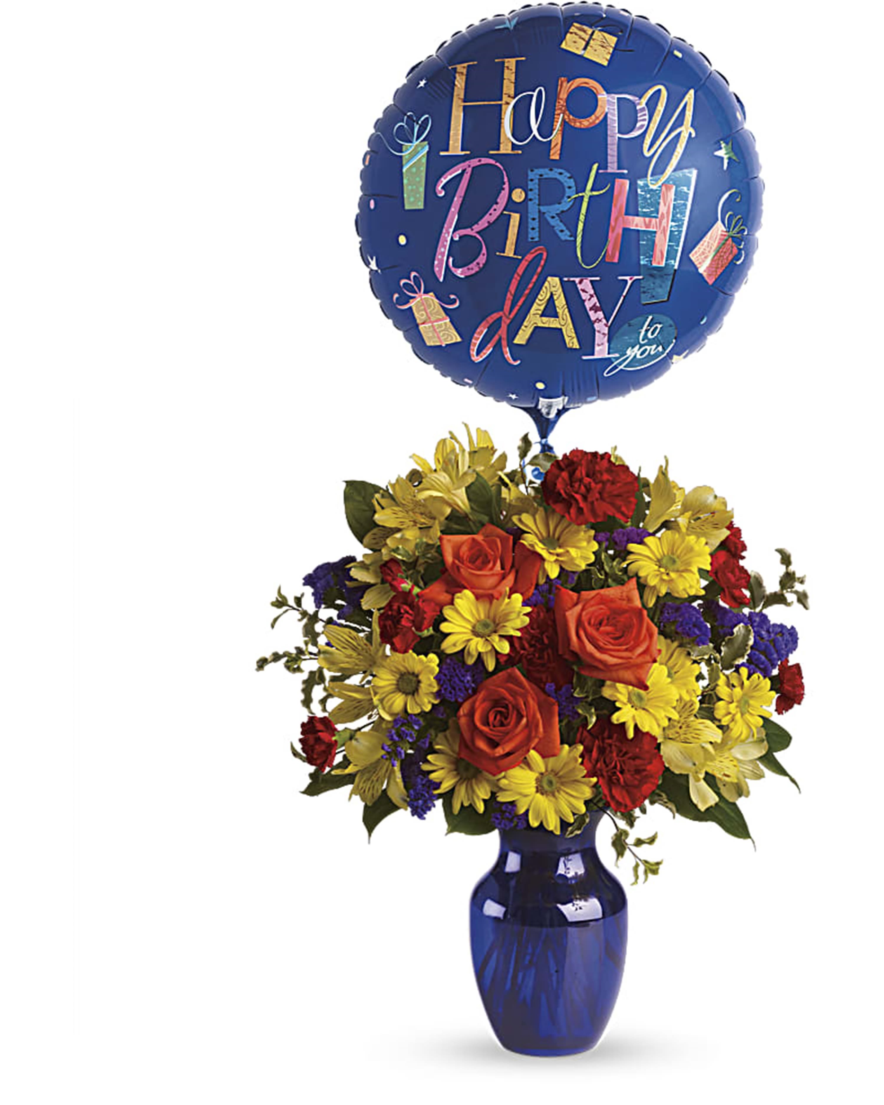 Fly Away Birthday Arrangement - Up, up and away! Take that special someone's birthday to new heights with this happy arrangement and mylar balloon. Bold primary colors and a deep blue vase make it a great pick for sending birthday cheer.  DETAILS Flowers including roses, daisies, statice and carnations are mixed in bold tones of yellow, red, orange and purple. Presented in a deep blue glass vase with a mylar balloon. (Mylar balloon design may vary.)  VASE INCLUDED Orientation: All-Around Item #NF-356  FLORIST-TO-DOOR Same day flower delivery on most orders placed online by 12 pm or 10 am on weekends PST.  BLOOM DETAILS Roses Carnations Mini-Carnations Alstroemerias Daisy-Mums Statice Filler Greenery  The Standard Arrangement is approx. 19 1/4&quot; H x 16 3/4&quot; W. The Deluxe Arrangement is approx. 20&quot; H x 17&quot; W. The Premium Arrangement is approx. 20&quot; H x 18&quot; W.  How to place an order? 1. You can place an order directly on this secure website OR 2. You can call in your order by dialing: (323) 262 - 9238 OR 3. You can visit our store (appointment recommended 323.262.9238)  NINFA'S FLOWERS 2405 WHITTIER BLVD. LOS ANGELES, CA. 90023  ATTENTION: *Please note that on busy holidays, Valentine's Day, and Mother's Day, we cannot verify if the recipient received the flowers until the following day. You can verify delivery on the website after 10:00 pm, call 323.262.9238 the following day after 10:00 am, or contact the recipient directly. Thank you for your patience and understanding.