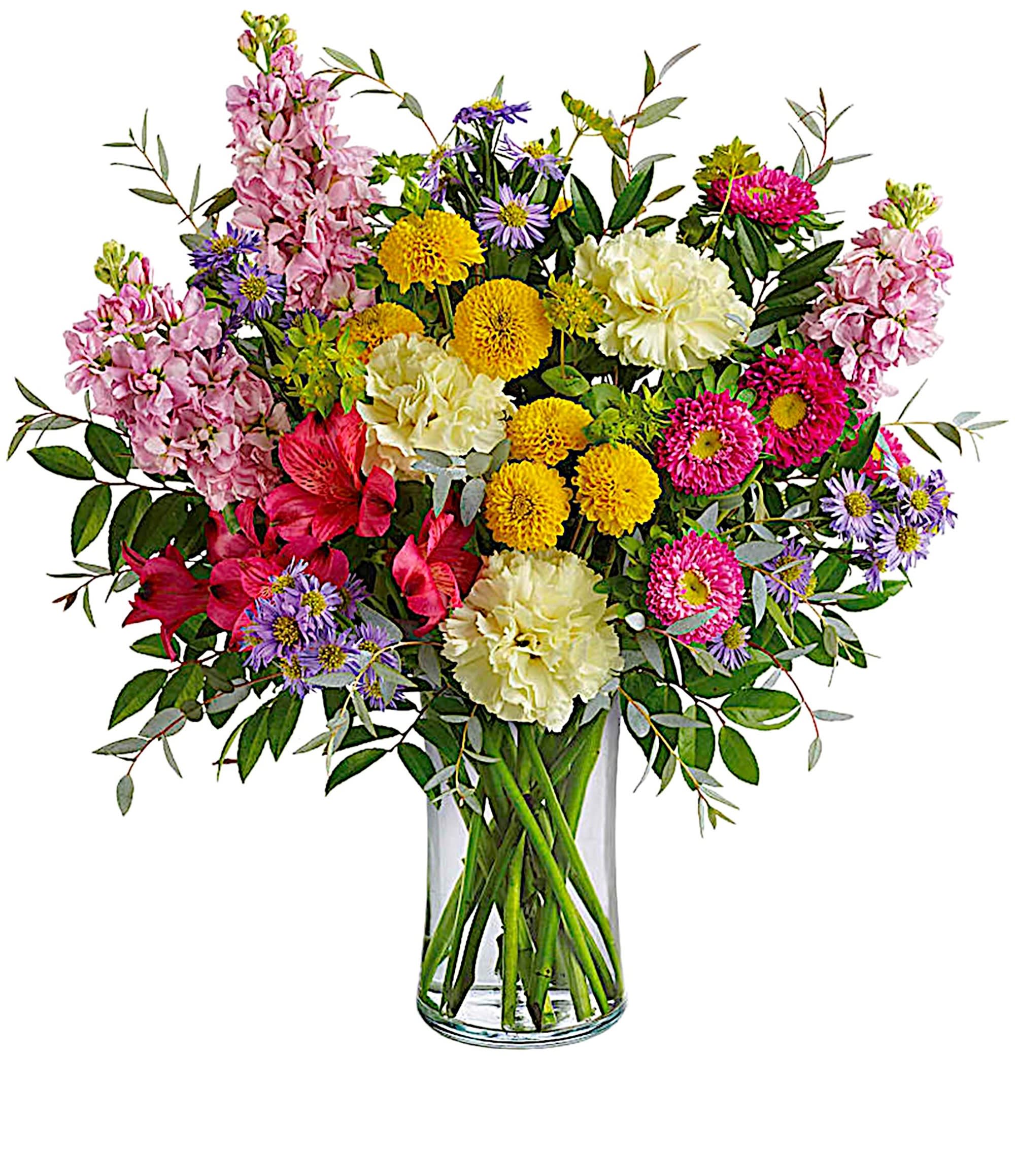 Goodness and Light - Spread goodness and light far and wide with this joyful gift of pink, yellow and lavender blooms! Full of tantalizing texture and uplifting colors, it's sure to bring a smile to anyone's face.  DETAILS Pink and yellow roses, carnations, stock, Peruvian lilies (alstroemeria), button-mums, Matsumoto Asters, Monte-Casino filler, accented with assorted greenery.  VASE INCLUDED Orientation: All-Around Item #NF-384  FLORIST-TO-DOOR Same day flower delivery on most orders placed online by 12 pm or 10 am on weekends PST.  BLOOM DETAILS Roses Alstroemerias Carnations Matsumoto Asters Button-Mums Monte-Casino Filler Stock Greenery  The Standard Arrangement is approximately 17&quot; H x 16 1/2&quot; W. The Deluxe Arrangement is approximately 17&quot; H x 16 1/2&quot; W. The Premium Arrangement is approximately 17&quot; H x 16 1/2&quot; W.  How to place an order? 1. You can place an order directly on this secure website OR 2. You can call in your order by dialing: (323) 262 - 9238 OR 3. You can visit our store (appointment recommended 323.262.9238)  NINFA'S FLOWERS 2405 WHITTIER BLVD. LOS ANGELES, CA. 90023  ATTENTION: *Please note that on busy holidays, Valentine's Day, and Mother's Day, we cannot verify if the recipient received the flowers until the following day. You can verify delivery on the website after 10:00 pm, call 323.262.9238 the following day after 10:00 am, or contact the recipient directly. Thank you for your patience and understanding.