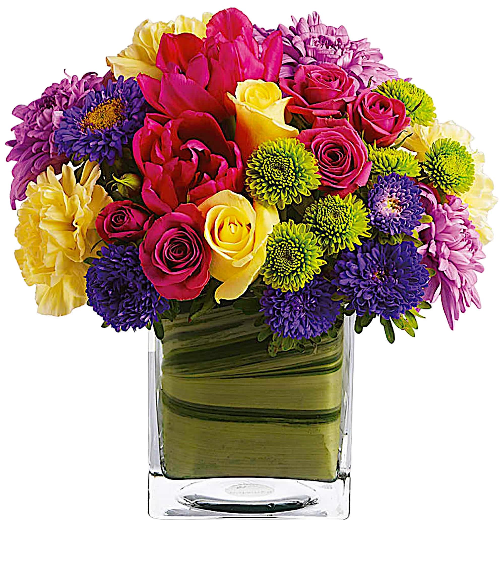 One Fine Day - A chic, stylish twist on classic spring flowers! Creamy yellow roses pop against the bright pastel flowers of this modern arrangement. A high-fashion pick for the haute Couture set!  DETAILS Light yellow roses and carnations are contrasted with bright blooms including hot pink roses, hot pink tulips, purple Matsumoto asters, green button mums and lavender cushion spray mums. An aspidistra leaf lines the inside of its modern cube vase.  VASE INCLUDED Orientation: All-Around Item #NF-406  FLORIST-TO-DOOR Same day flower delivery on most orders placed online by 12 pm or 10 am on weekends PST.  BLOOM DETAILS Roses Spray Roses Tulips Matsumoto-Asters Cushion-Mums Button-Mums Greenery  The Standard Arrangement is approx. 9 3/4&quot; H x 9 1/4&quot; W. The Deluxe Arrangement is approx. 12&quot; H x 12&quot; W. The Premium Arrangement is approx. 13&quot; H x 13&quot; W.  How to place an order? 1. You can place an order directly on this secure website OR 2. You can call in your order by dialing: (323) 262 - 9238 OR 3. You can visit our store (appointment recommended 323.262.9238)  NINFA'S FLOWERS 2405 WHITTIER BLVD. LOS ANGELES, CA. 90023  ATTENTION: *Please note that on busy holidays, Valentine's Day, and Mother's Day, we cannot verify if the recipient received the flowers until the following day. You can verify delivery on the website after 10:00 pm, call 323.262.9238 the following day after 10:00 am, or contact the recipient directly. Thank you for your patience and understanding.