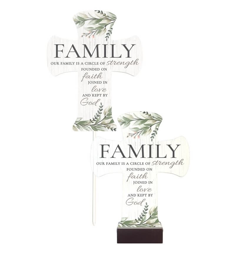 "Family" Pedestal Cross "Family" Pedestal Cross - This 7.5" H x 6" W composite wood cross reads "Our family is a circle of strength founded on faith joined in love and kept by God." It comes with a pedestal display base and mounting stake so it can displayed individually or planted in a garden, arrangement, or planter.