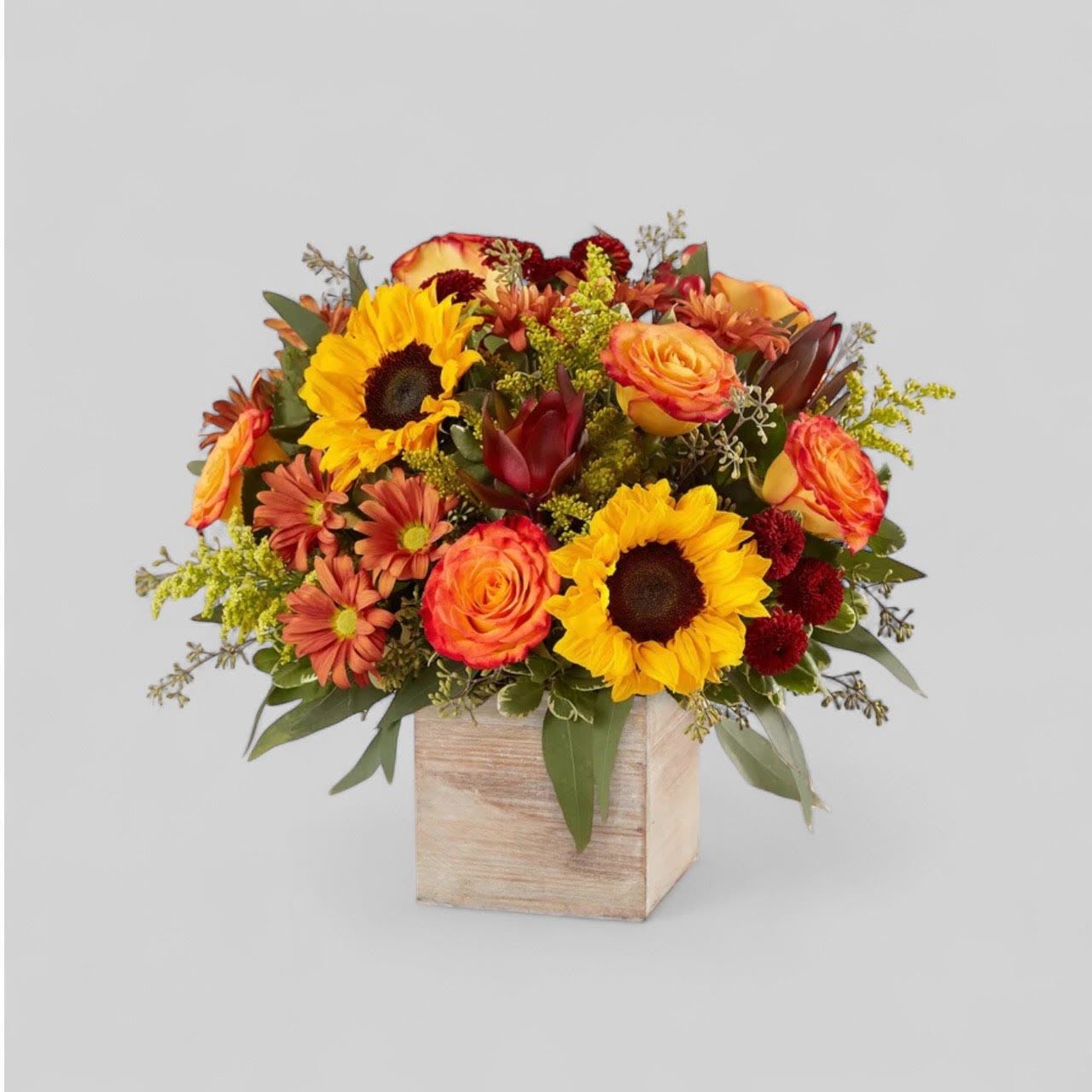 Harvest Glow Harvest Glow - A Harvest wooden box floral arrangement embodies the rustic beauty of fall, displayed in a charming, wooden container. This arrangement is filled with warm, autumnal flowers such as deep red roses, golden sunflowers, orange lilies, and rust-colored chrysanthemums. The box may also include seasonal accents like dried wheat, cattails, or preserved fall leaves, which add texture and evoke the cozy feel of a fall harvest.