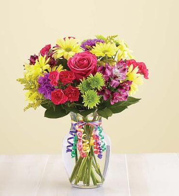 It's Your Day Bouquet -  Birthdays. Congratulations. A quick pick-me-up. Celebrate any occasion with our colorful bouquet of bright, fresh flowers such as carnations, daisy poms, monte casino and more, and let her know they deserves a day that's all about them. (Vase/Basket style may vary)    Item # 91333 