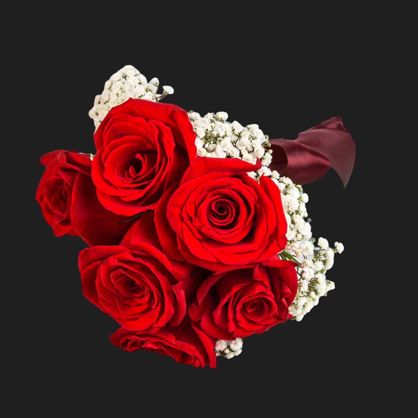 6 Red Rose Bouquet 6 Red Rose Bouquet - A classic 6 red roses and baby's breath bouquet hand tied with ribbon. The perfect accessory for any formal event including proms, weddings, and debutante balls.