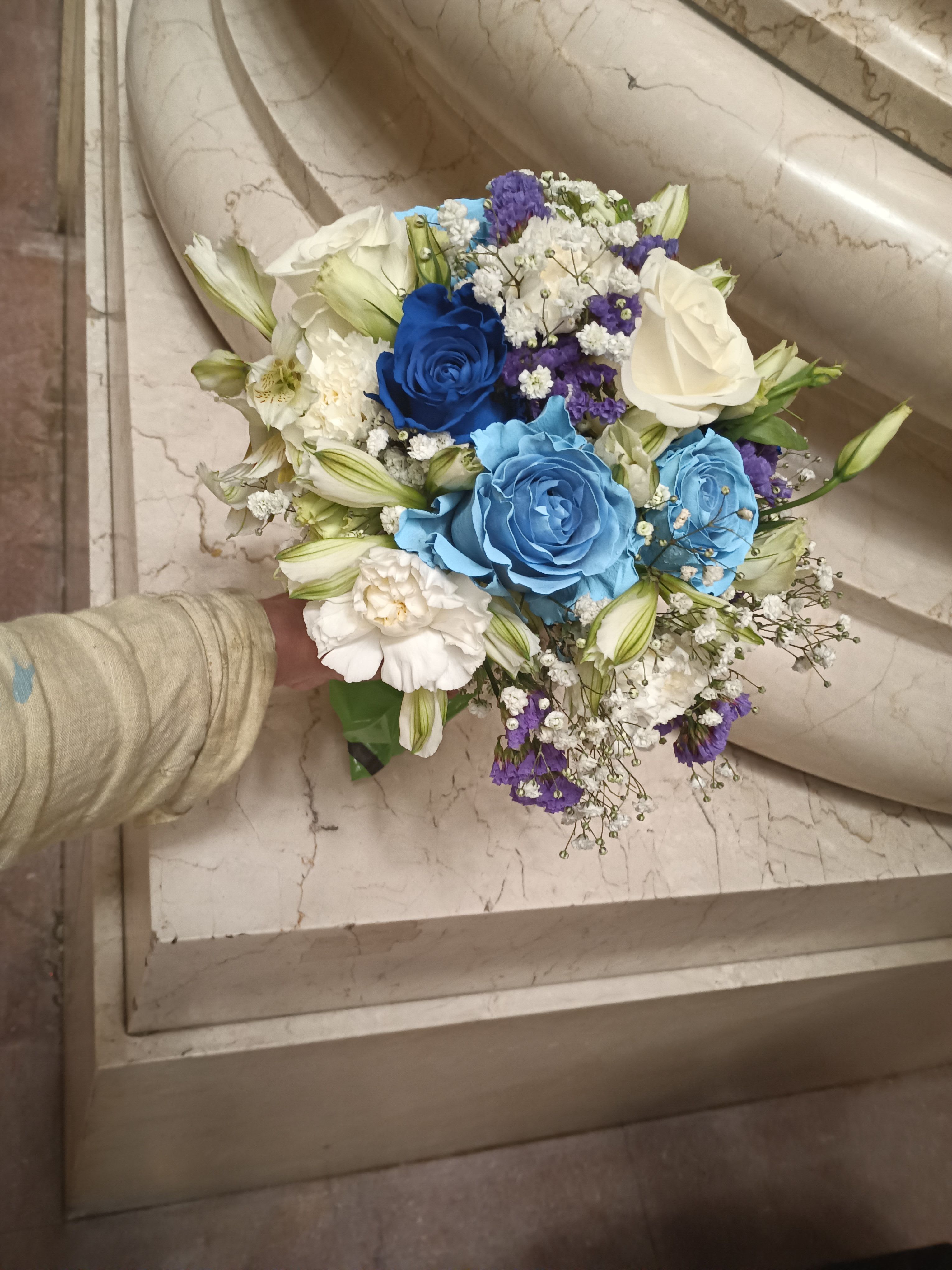 Danas C bridal and bridesmaids bouquets - Beautiful unusual light and dark blue roses, white roses, alstroemeria, carnations and other fillers classical bridal bouquet
