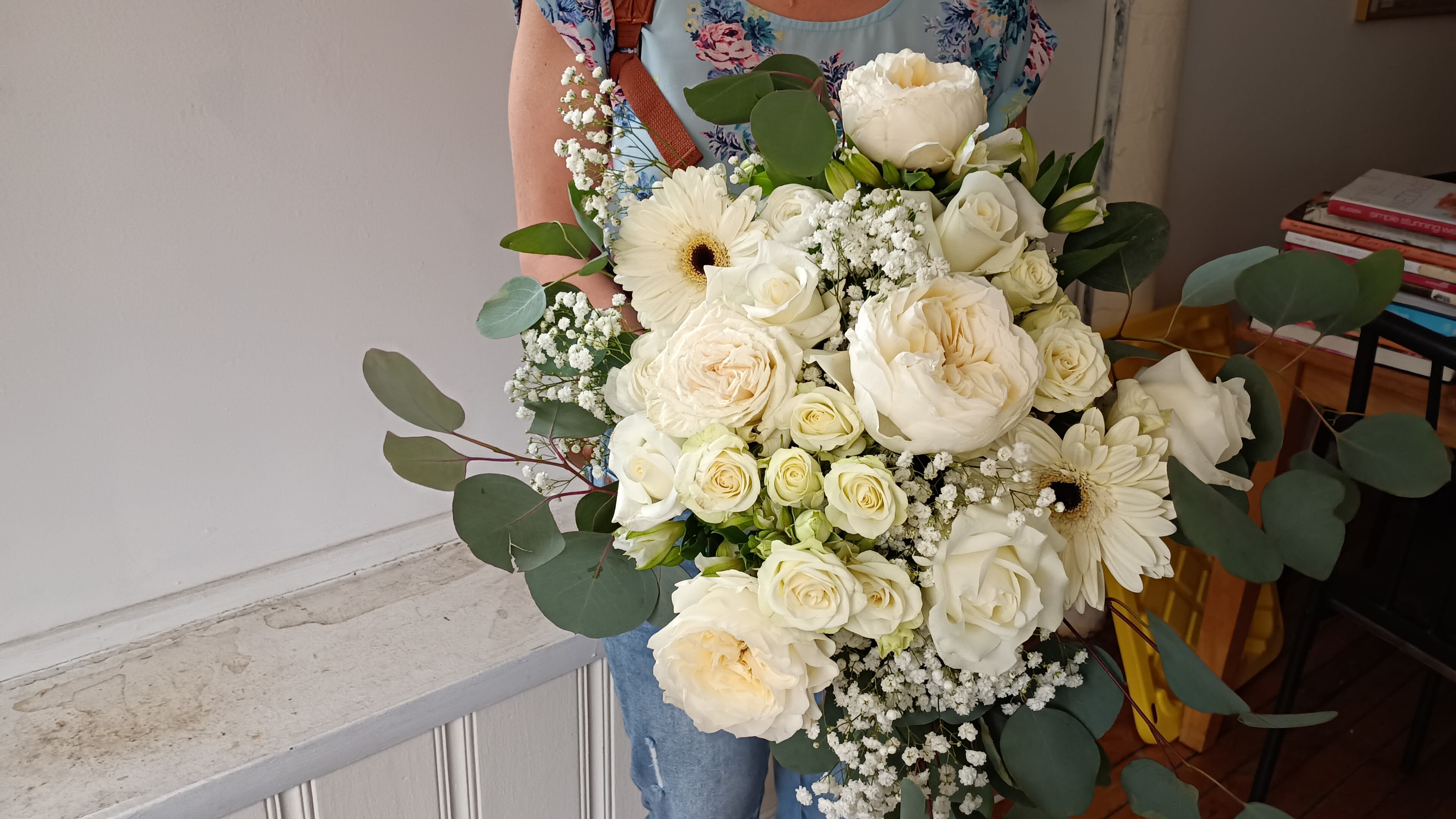 Emily's  bridal bouquet - Gorgeous white and cream garden roses, roses, alstroemeria, spray roses, gerbera daisies, baby's breath and sage greens vintage stye bridal bouquet
