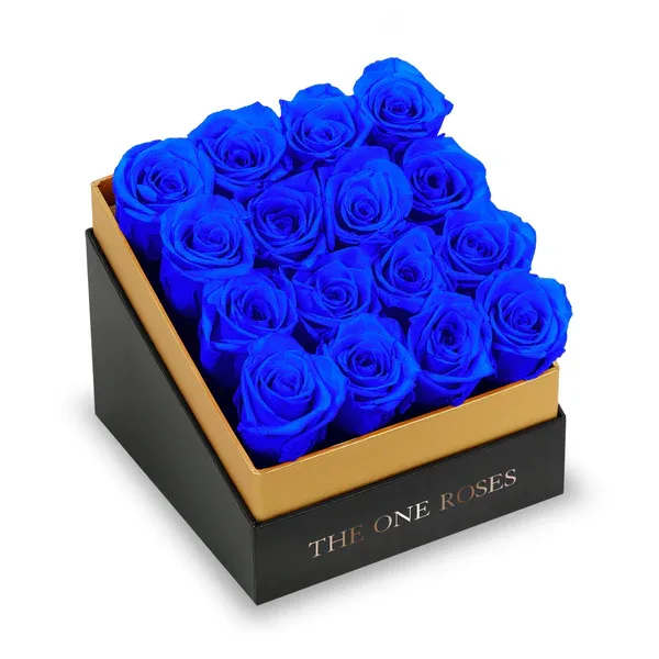 Coffee Table Black Square Box - Sapphire Blue Roses Coffee Table Black Square Box - Sapphire Blue Roses - The "Luxury Square Coffee Table Collection“  Following in the spirit of our The One Roses style, the "Luxury Square Coffee Table Collection“ consists of unique, real preserved roses in classic handcrafted luxury soft touch box with a top.  16 stems of The One long lasting (med size) preserved roses.  THE ONE ROSES - Feelings Forever