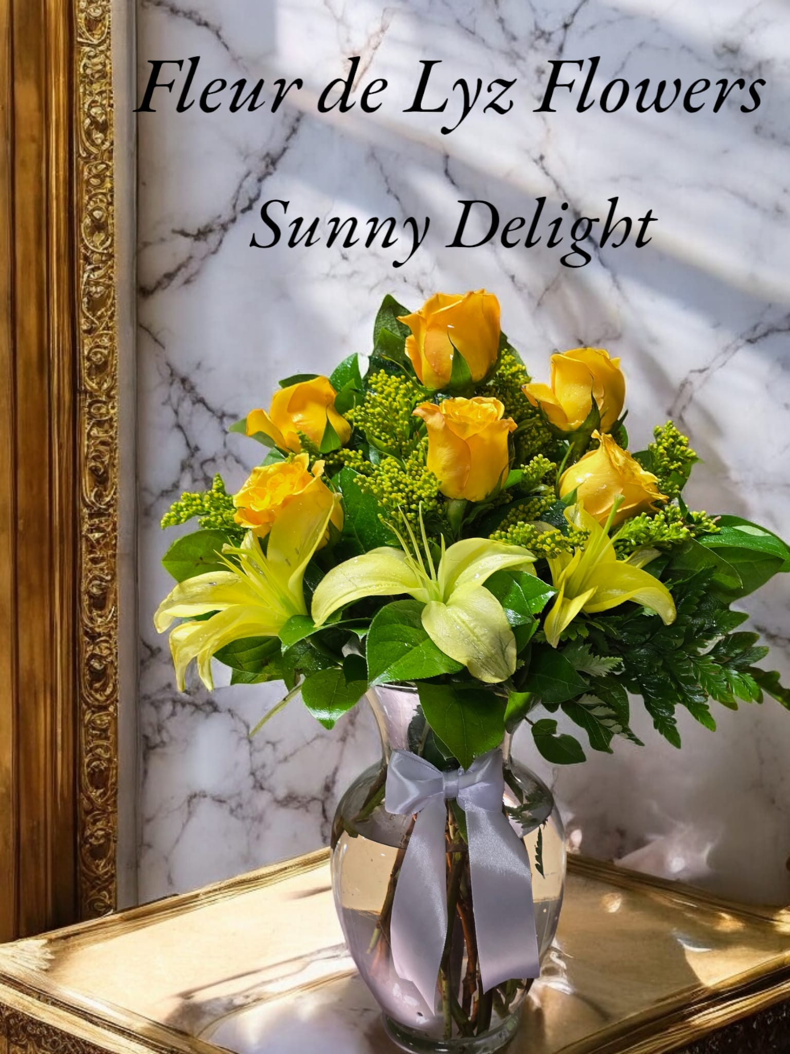 Sunny Delight Sunny Delight - This beautiful arrangement features six yellow roses and three yellow Asiatic lillies.