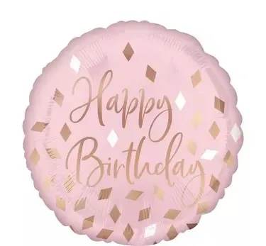 Metallic Blush Happy Birthday Foil Balloon, 18in Metallic Blush Happy Birthday Foil Balloon, 18in - Fill their pink and rose gold-themed celebration with a balloon that sets the mood. This "Happy Birthday" balloon features a stylish script headline that's surrounded by diamond confetti, all on a blush pink background.