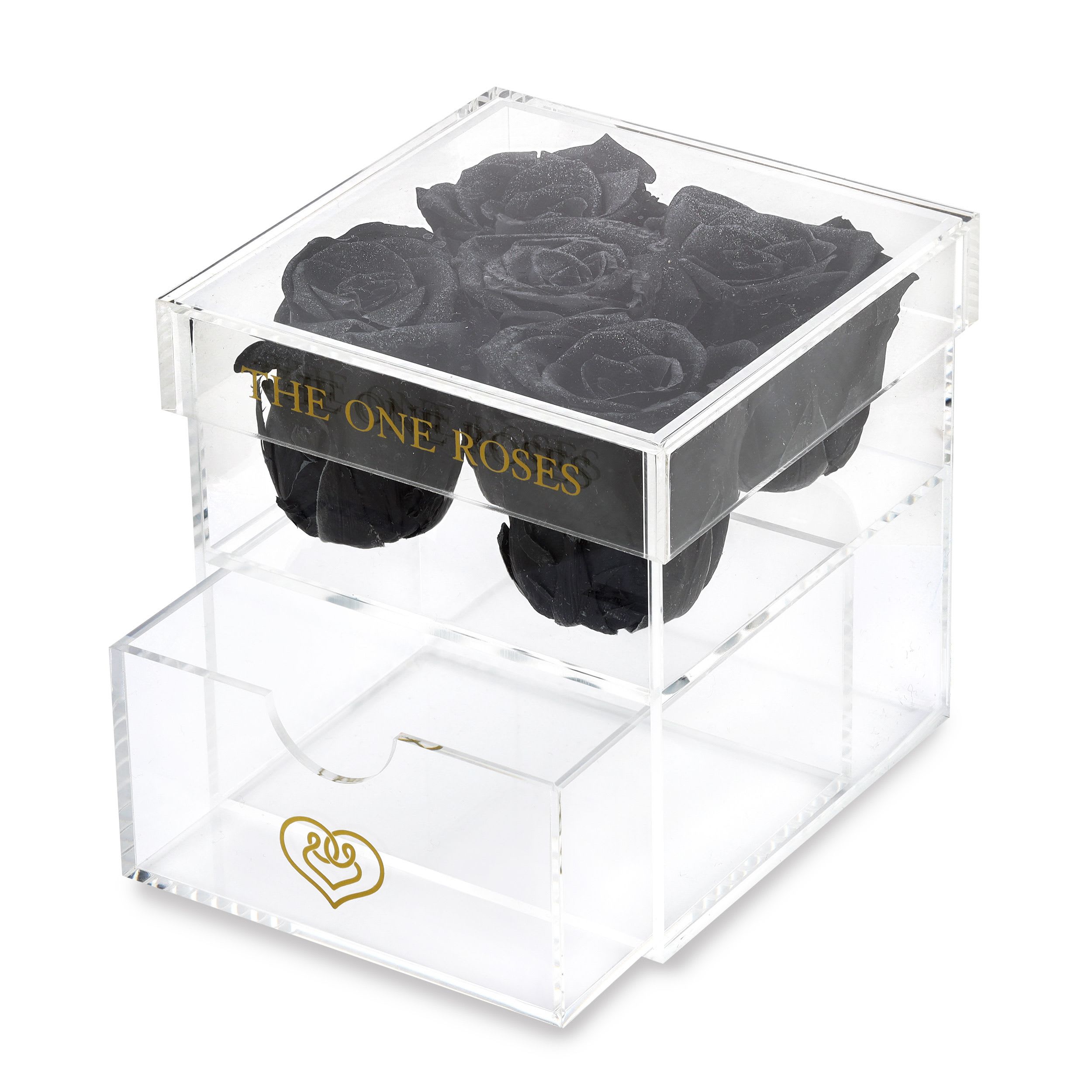 Opaque | Rose Box with Drawer | Onyx Black Glitter Roses Opaque | Rose Box with Drawer | Onyx Black Glitter Roses - Introducing the newest addition to our collection - "The Opaque Rose boxes".  Available in 2 different designs, with the most beautiful longest lasting roses.  With a wide array of color selection, you will be sure to find their favorite color.  Elegant in its solitude, these roses will last years as a testament to your love. The perfect accessory to a beautiful ring when the moment is right for a proposal with our single box.  Opaque | Rose Box with Drawer comes with about 4-5 stems of (med) size long lasting roses.