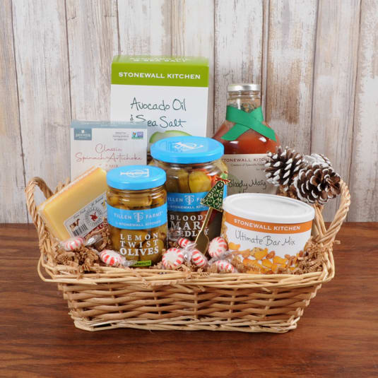 Get Pickled Gourmet Basket Get Pickled Gourmet Basket - Includes Stonewall Kitchen products Bloody Mary Mixer, Olives, Pickles, crakcers, Bar mix, and local Conebella Cheese.