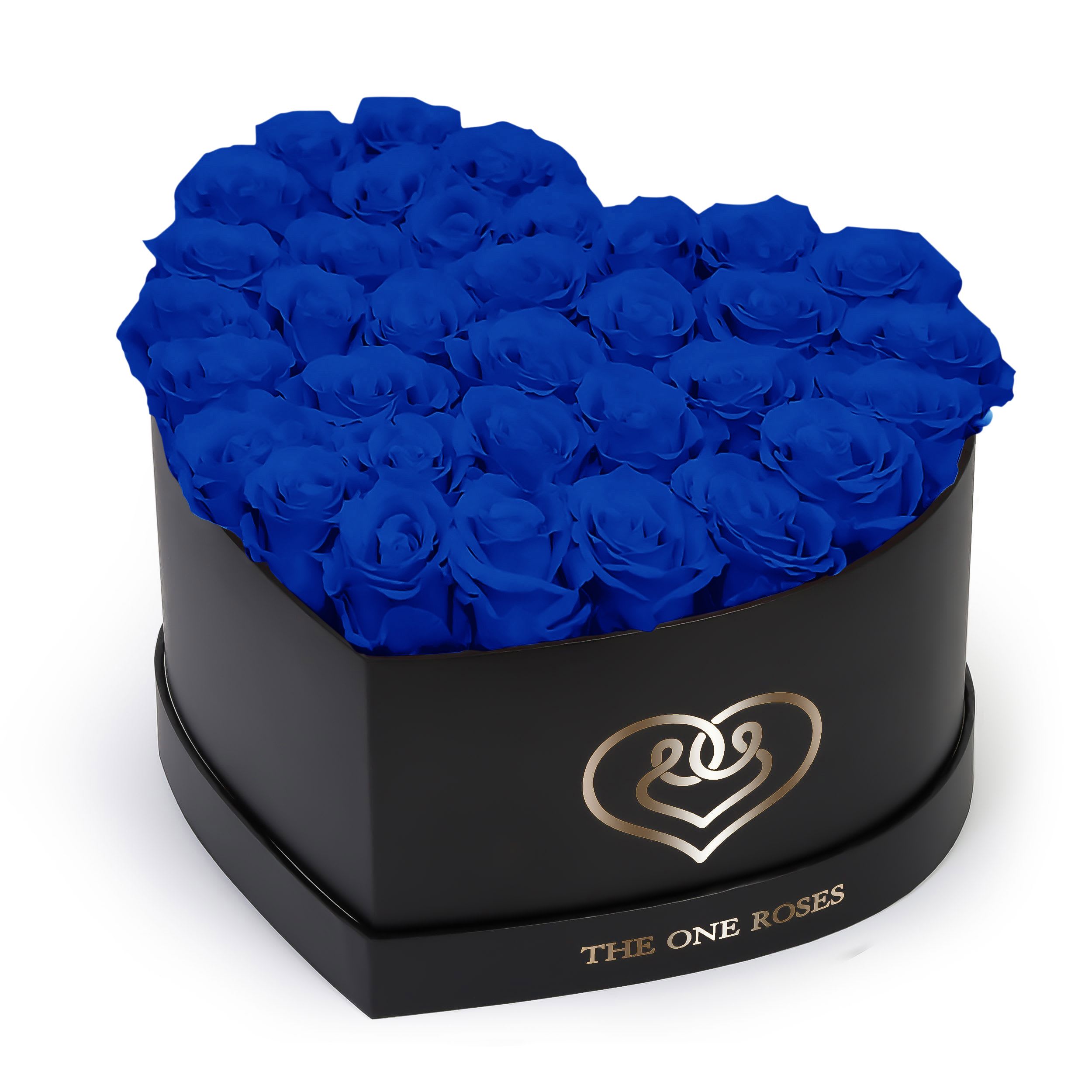 Sapphire Blue Roses | Black "Love" Box Sapphire Blue Roses | Black "Love" Box - The "heart box collection" consists of unique, real preserved roses handcrafted, soft, and elegant heart box with a top. Luxury arrangement of about 31 stems of the one long lasting (med size) real preserved roses.  Durability: approx. 1-3 years.  Our roses, which are carefully sourced from the highest quality gardens in Ecuador, are made to represent the eternal yet ephemeral nature of Love itself. Our Roses are specially customized with essential oils to increase the fragrance.  Product Care: DO NOT Water the roses! AVOID direct exposure to sunlight. Keep the arrangement in a room-temperature environment. If dust collects after a few months, remove it lightly using a duster. DO NOT place anything onto the roses as they can crush and damage the roses. DO NOT remove the roses from the box; they are secure and happy there. DO NOT allow roses to have direct contact with light colored fabric or surfaces, as staining may occur. The lid is meant to stay on the side or bottom of the box. Be mindful when carrying the arrangement: it's a very delicate product!