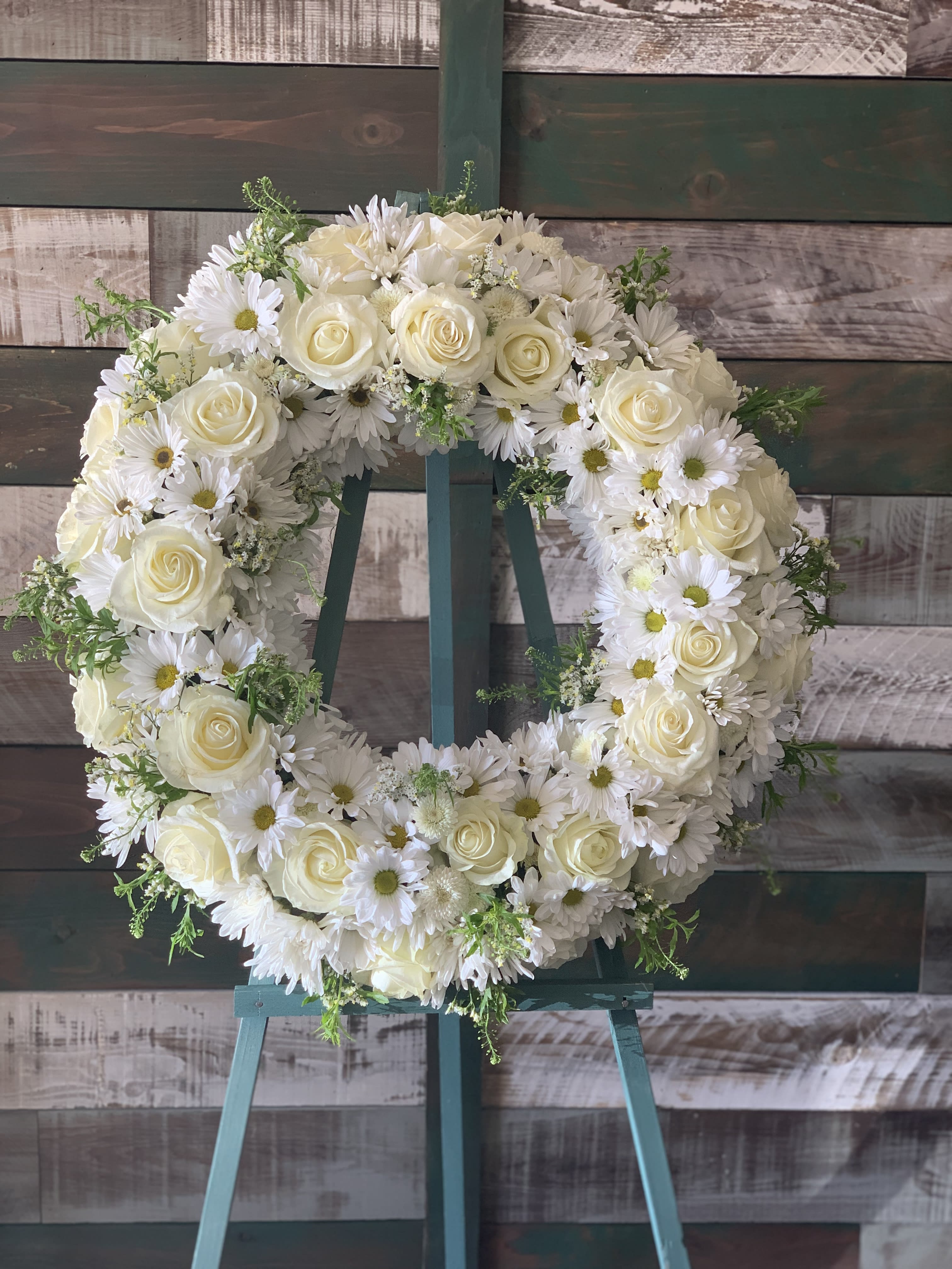 Sympathy Wreath Sympathy Wreath - Classic all white Sympathy Wreath 18" with Roses, Carnations, White daisies, and assorted filler flowers