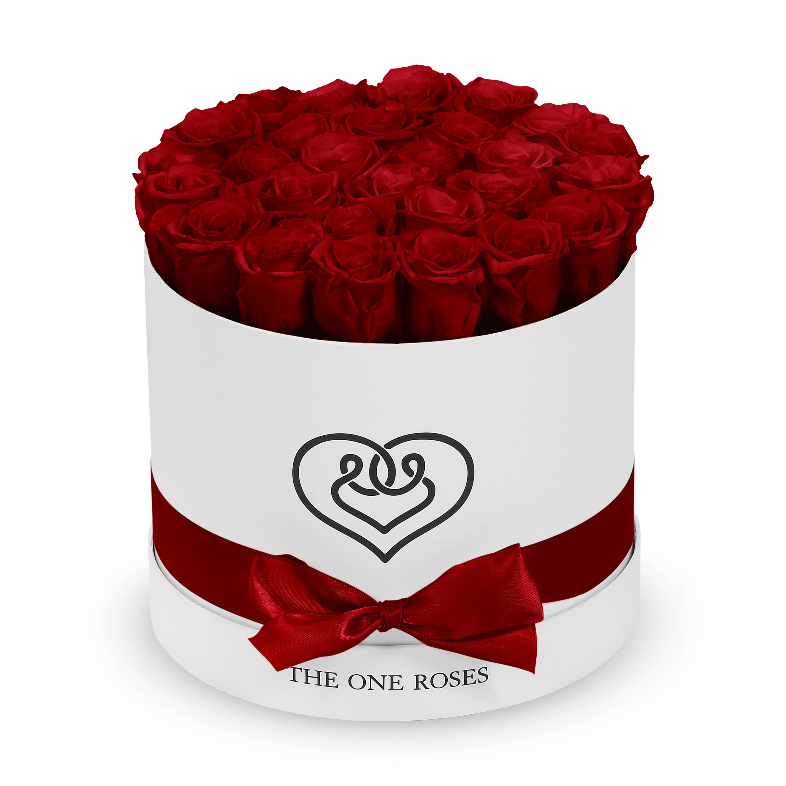 Round Flat | Classic White Box Burgundy Red Round Flat | Classic White Box Burgundy Red - The "runway round collection" consists of unique, real preserved roses in classic round handcrafted luxury soft touch box with a top. About 25-30 stems of the one long lasting (med size) preserved roses.  Durability: approx. 1-3 years.  Our roses, which are carefully sourced from the highest quality gardens in Ecuador, are made to represent the eternal yet ephemeral nature of Love itself. Our Roses are specially customized with essential oils to increase the fragrance.  Product Care: DO NOT Water the roses! AVOID direct exposure to sunlight. Keep the arrangement in a room-temperature environment. If dust collects after a few months, remove it lightly using a duster. DO NOT place anything onto the roses as they can crush and damage the roses. DO NOT remove the roses from the box; they are secure and happy there. DO NOT allow roses to have direct contact with light colored fabric or surfaces, as staining may occur. The lid is meant to stay on the side or bottom of the box. Be mindful when carrying the arrangement: it's a very delicate product!