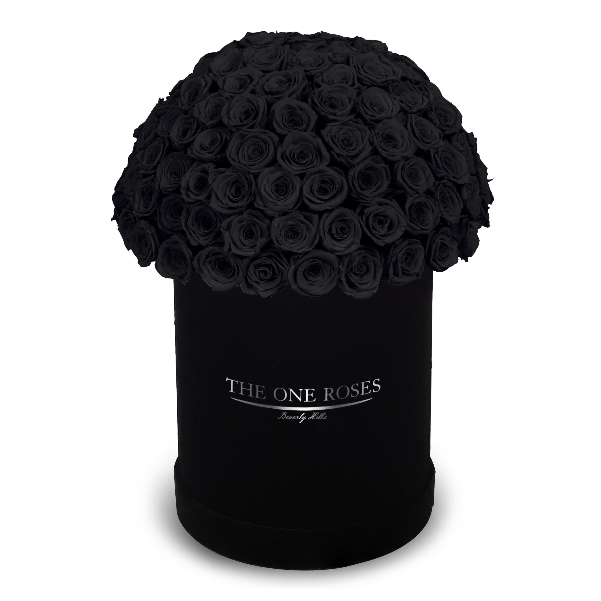 Suede Dome Deluxe | Premium Black Box Onyx Black Suede Dome Deluxe | Premium Black Box Onyx Black - The One Roses “Suede Collection“ consists of unique, real preserved roses in premium round handcrafted luxury black suede box with a top.  With about 60-100 stems of The One long lasting (med size) real preserved roses.  Amount of stems depends on rose size  THE ONE ROSES - Declaration of Love Durability: approx. 1-3 years.