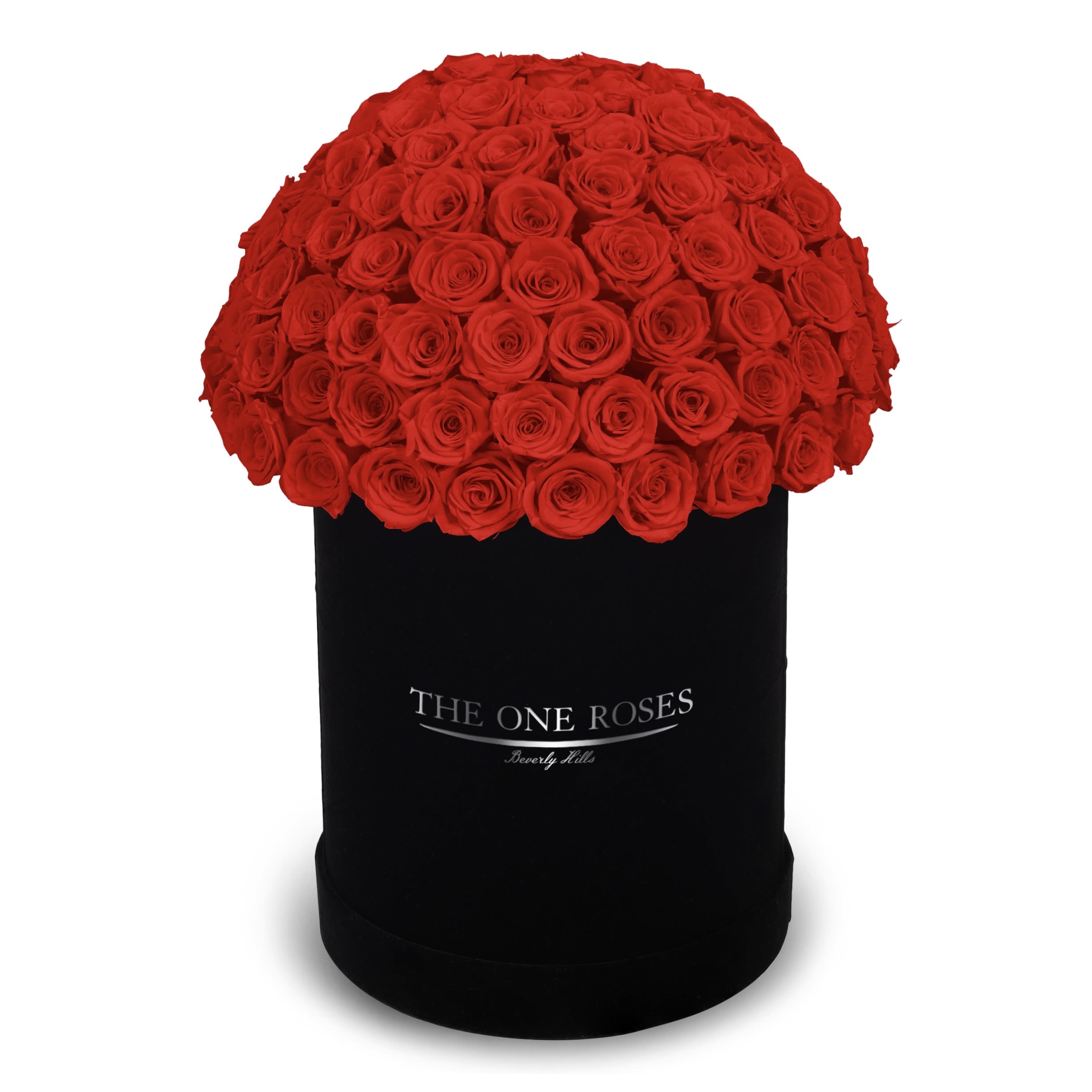 Suede Dome Deluxe | Premium Black Box Crimson Red Suede Dome Deluxe | Premium Black Box Crimson Red - The One Roses “Suede Collection“ consists of unique, real preserved roses in premium round handcrafted luxury black suede box with a top.  With about 60-100 stems of The One long lasting (med size) real preserved roses.  Amount of stems depends on rose size  THE ONE ROSES - Declaration of Love Durability: approx. 1-3 years.