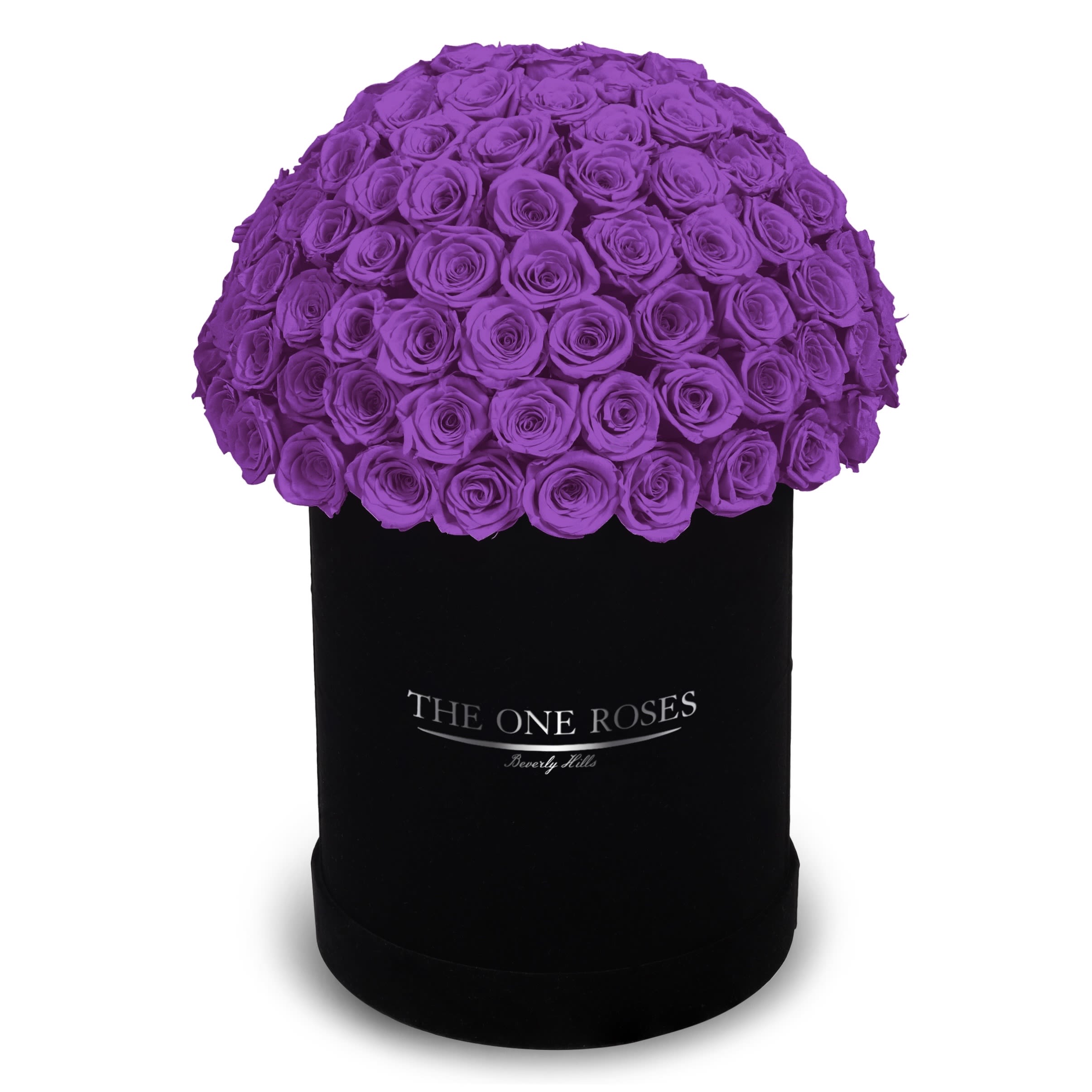 Suede Dome Deluxe | Premium Black Box Purple Suede Dome Deluxe | Premium Black Box Purple - The One Roses “Suede Collection“ consists of unique, real preserved roses in premium round handcrafted luxury black suede box with a top.  With about 60-100 stems of The One long lasting (med size) real preserved roses.  Amount of stems depends on rose size  THE ONE ROSES - Declaration of Love Durability: approx. 1-3 years.