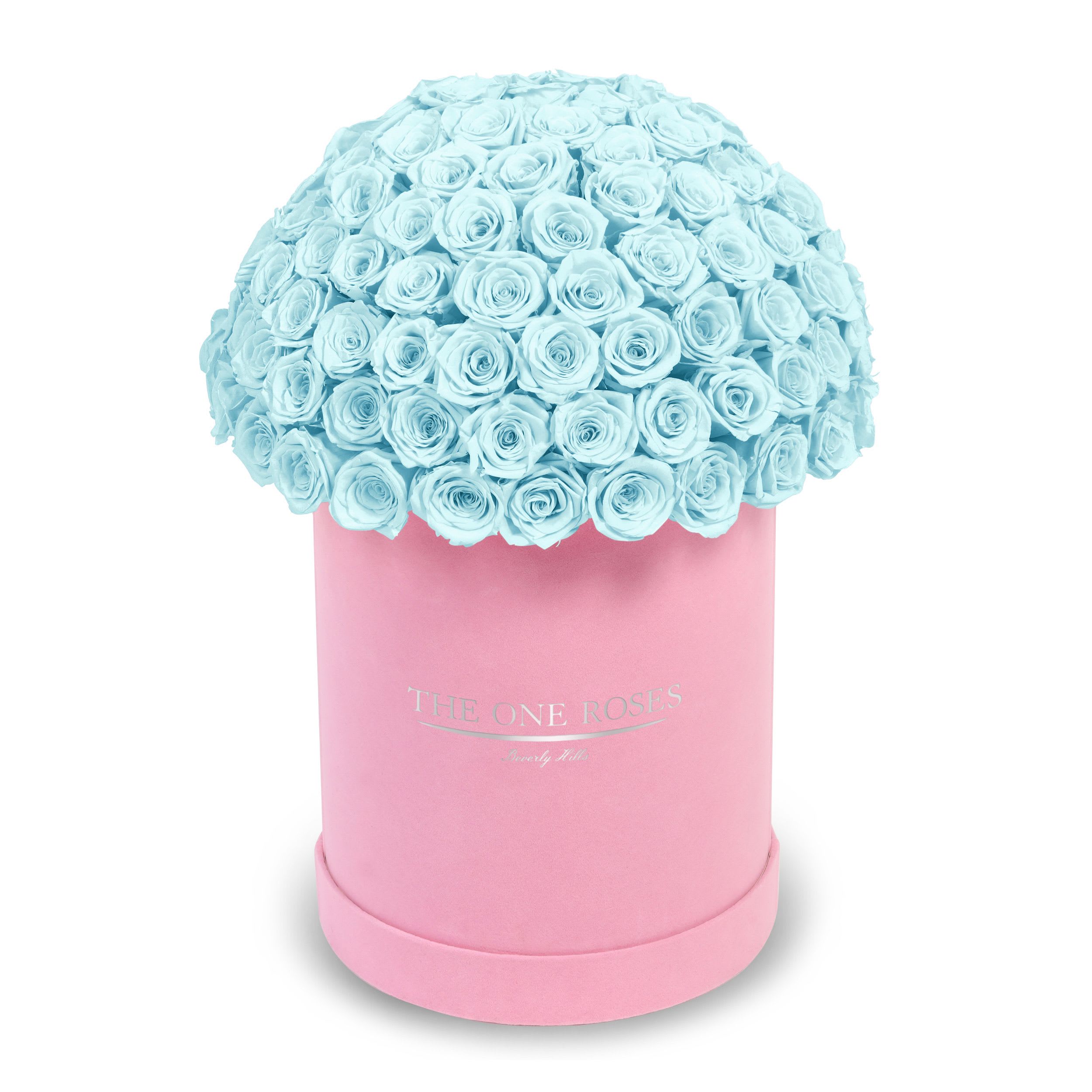 Suede Dome Deluxe | Premium Pink Box Frozen Blue Suede Dome Deluxe | Premium Pink Box Frozen Blue - The One Roses “Suede Collection“ consists of unique, real preserved roses in premium round handcrafted luxury pink suede box with a top.  With about 100 stems of The One long lasting (med size) real preserved roses.  THE ONE ROSES - Declaration of Love Durability: approx. 1-3 years.
