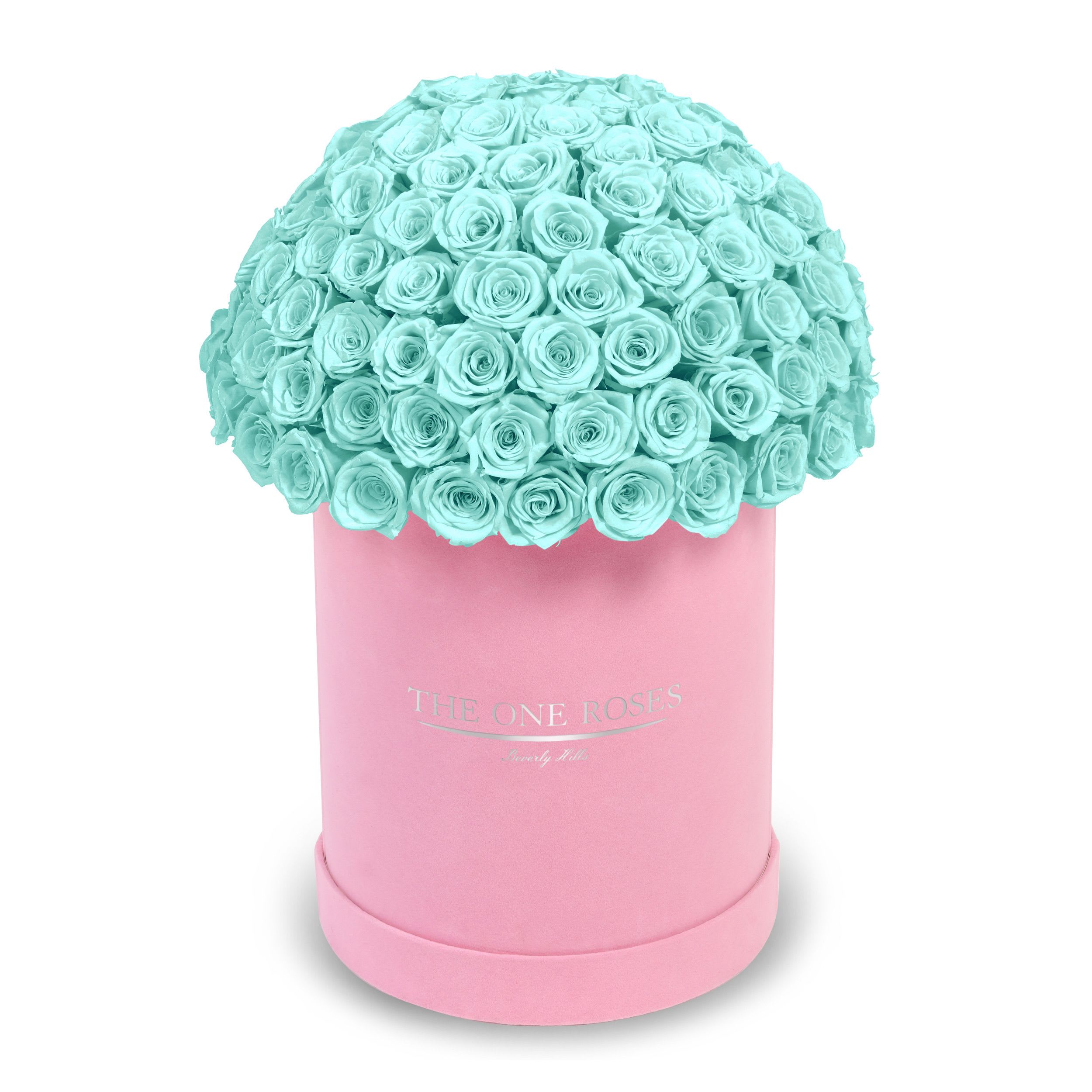 Suede Dome Deluxe | Premium Pink Box Teal Blue Suede Dome Deluxe | Premium Pink Box Teal Blue - The One Roses “Suede Collection“ consists of unique, real preserved roses in premium round handcrafted luxury pink suede box with a top.  With about 100 stems of The One long lasting (med size) real preserved roses.  THE ONE ROSES - Declaration of Love Durability: approx. 1-3 years.