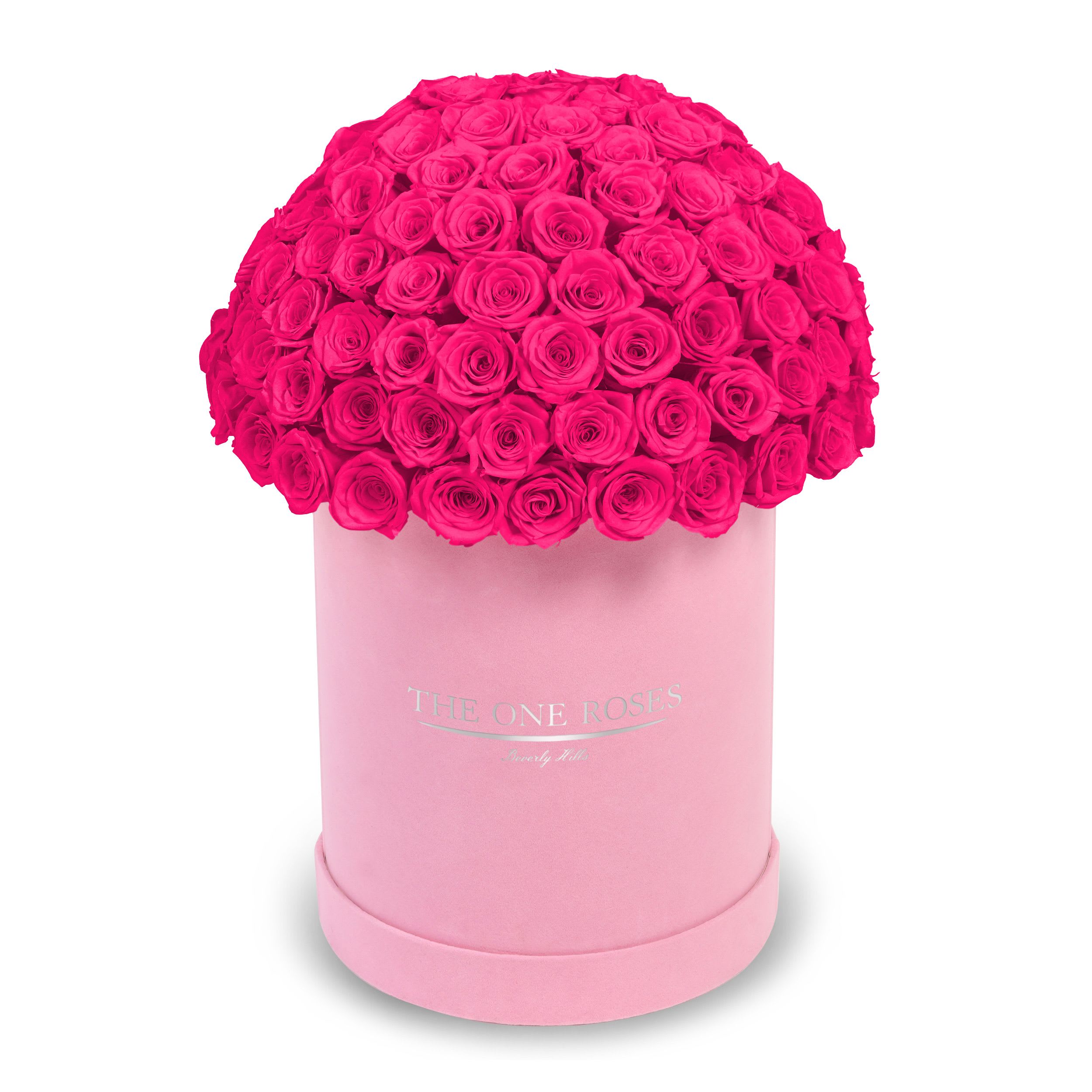 Suede Dome Deluxe | Premium Pink Box Hot Pink Suede Dome Deluxe | Premium Pink Box Hot Pink - The One Roses “Suede Collection“ consists of unique, real preserved roses in premium round handcrafted luxury pink suede box with a top.  With about 100 stems of The One long lasting (med size) real preserved roses.  THE ONE ROSES - Declaration of Love Durability: approx. 1-3 years.