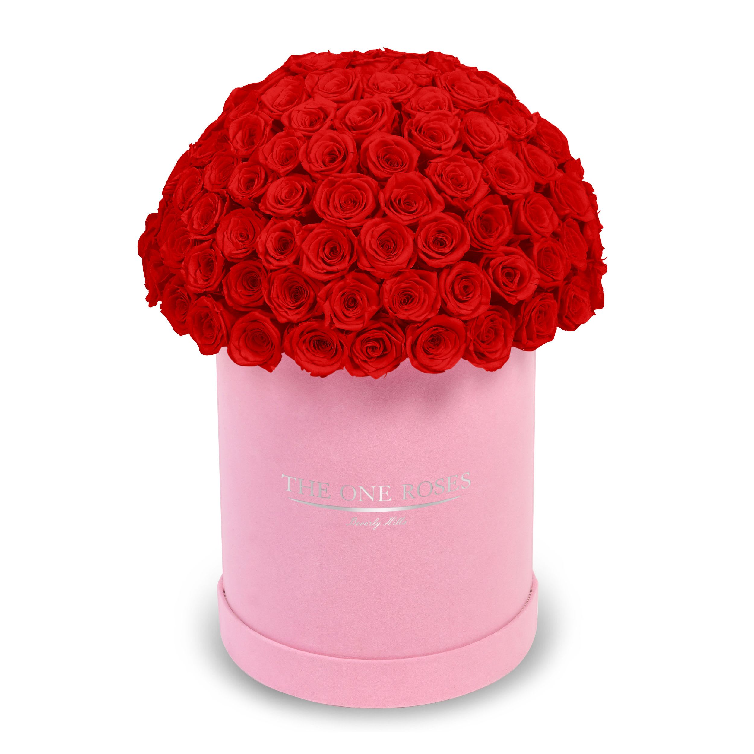 Suede Dome Deluxe | Premium Pink Box Crimson Red Suede Dome Deluxe | Premium Pink Box Crimson Red - The One Roses “Suede Collection“ consists of unique, real preserved roses in premium round handcrafted luxury pink suede box with a top.  With about 100 stems of The One long lasting (med size) real preserved roses.  THE ONE ROSES - Declaration of Love Durability: approx. 1-3 years.