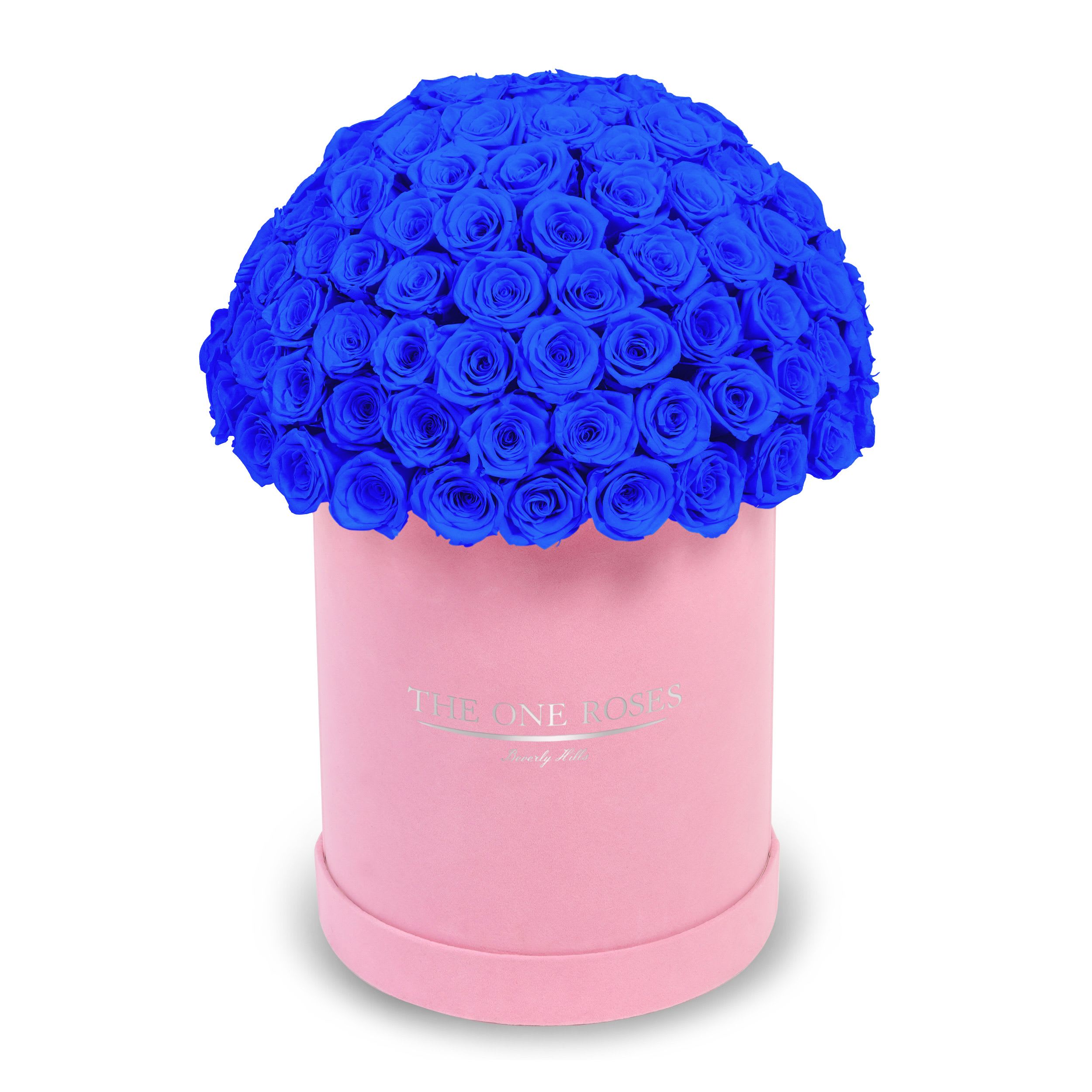 Suede Dome Deluxe | Premium Pink Box Sapphire Blue Suede Dome Deluxe | Premium Pink Box Sapphire Blue - The One Roses “Suede Collection“ consists of unique, real preserved roses in premium round handcrafted luxury pink suede box with a top.  With about 100 stems of The One long lasting (med size) real preserved roses.  THE ONE ROSES - Declaration of Love Durability: approx. 1-3 years.