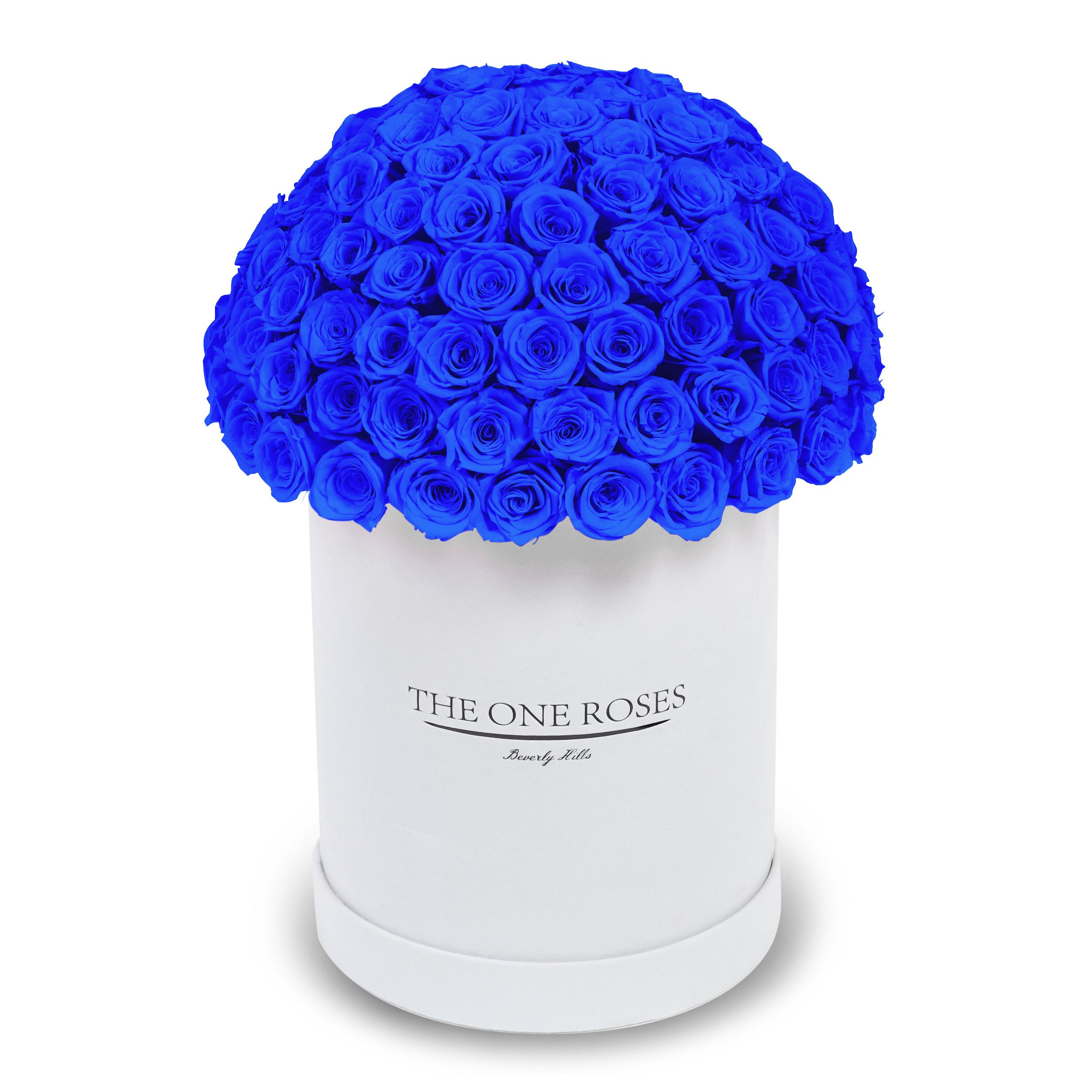 Suede Dome Deluxe | Premium White Box Sapphire Blue Suede Dome Deluxe | Premium White Box Sapphire Blue - The One Roses “Suede Collection“ consists of unique, real preserved roses in premium round handcrafted luxury white suede box with a top.  With about 100 stems of The One long lasting (med size) real preserved roses.  THE ONE ROSES - Declaration of Love  Durability: approx. 1-3 years.