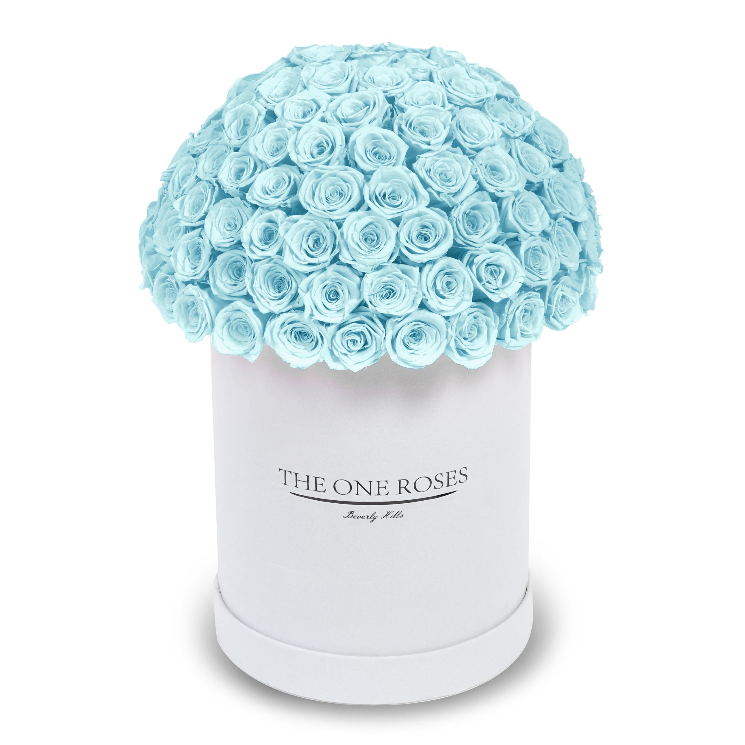 Suede Dome Deluxe | Premium White Box Frozen Blue Suede Dome Deluxe | Premium White Box Frozen Blue - The One Roses “Suede Collection“ consists of unique, real preserved roses in premium round handcrafted luxury white suede box with a top.  With about 100 stems of The One long lasting (med size) real preserved roses.  THE ONE ROSES - Declaration of Love  Durability: approx. 1-3 years.