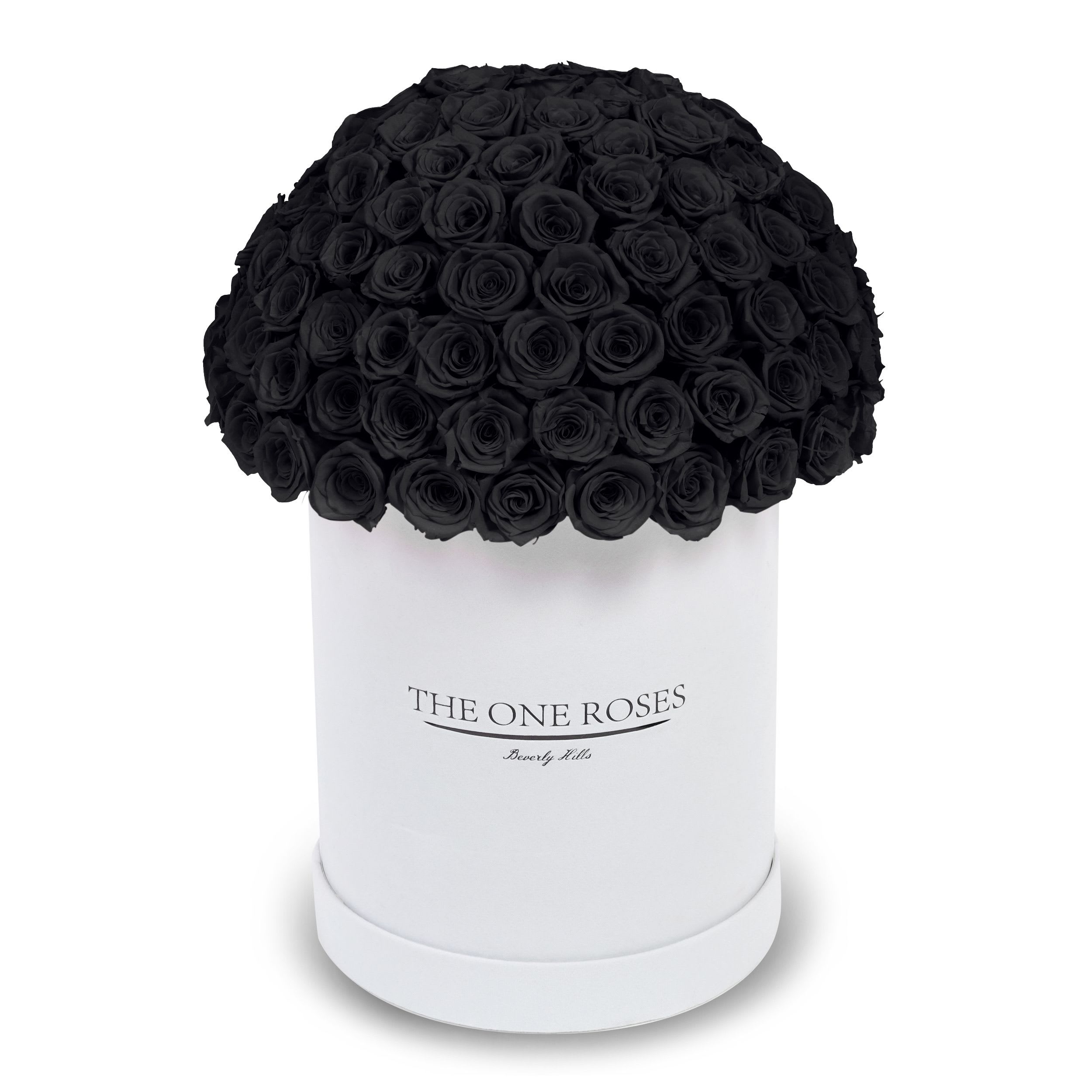 Suede Dome Deluxe | Premium White Box Onyx Black Suede Dome Deluxe | Premium White Box Onyx Black - The One Roses “Suede Collection“ consists of unique, real preserved roses in premium round handcrafted luxury white suede box with a top.  With about 100 stems of The One long lasting (med size) real preserved roses.  THE ONE ROSES - Declaration of Love  Durability: approx. 1-3 years.