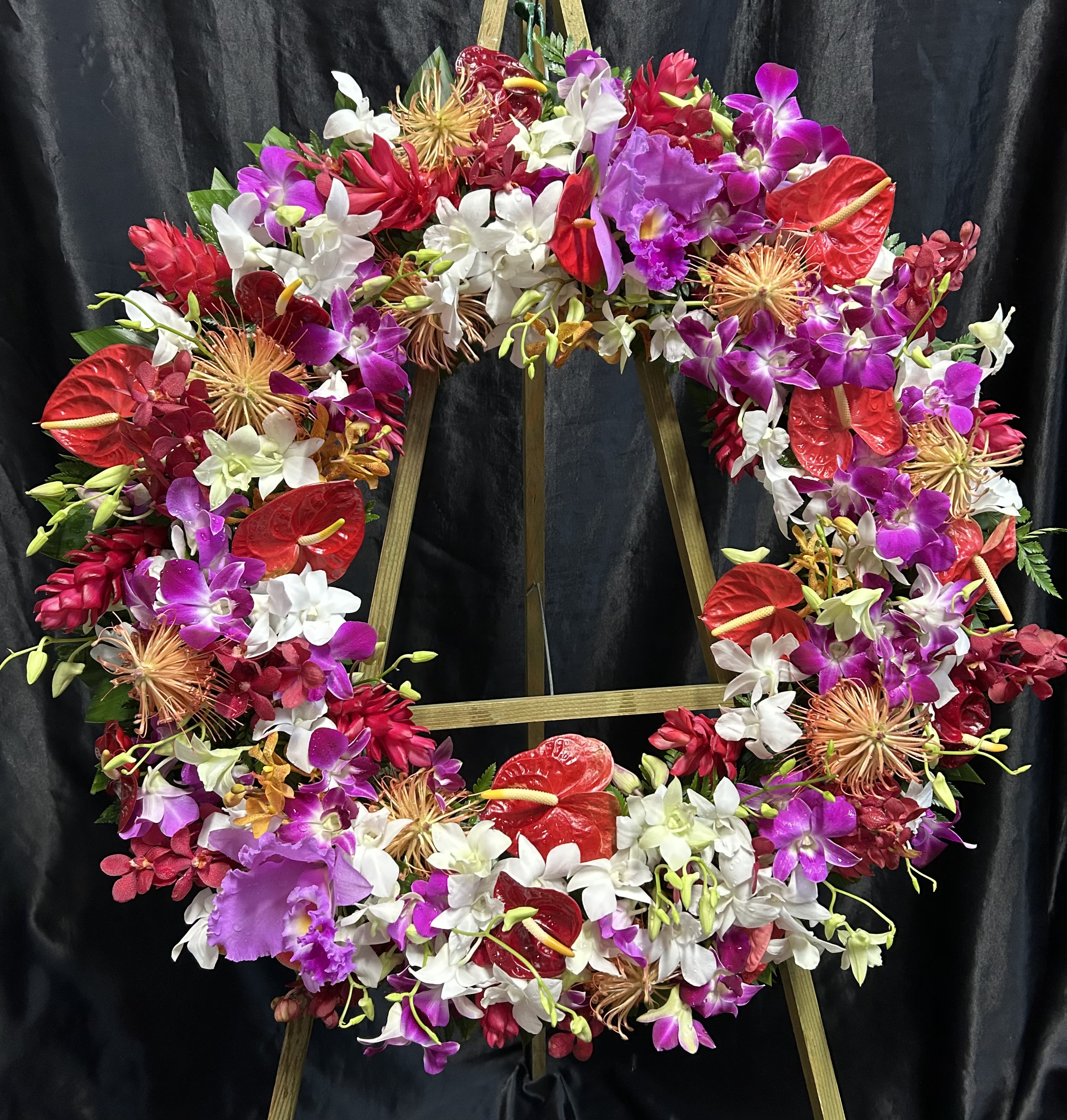 TROPICAL MEMORIAL WREATH  MW #10 - New UPDATED Design: 11/01/2024 ASSORTED ANTHURIUMS &amp;  ORCHIDS 30” diameter  @ BANNER 25.00 EXTRA