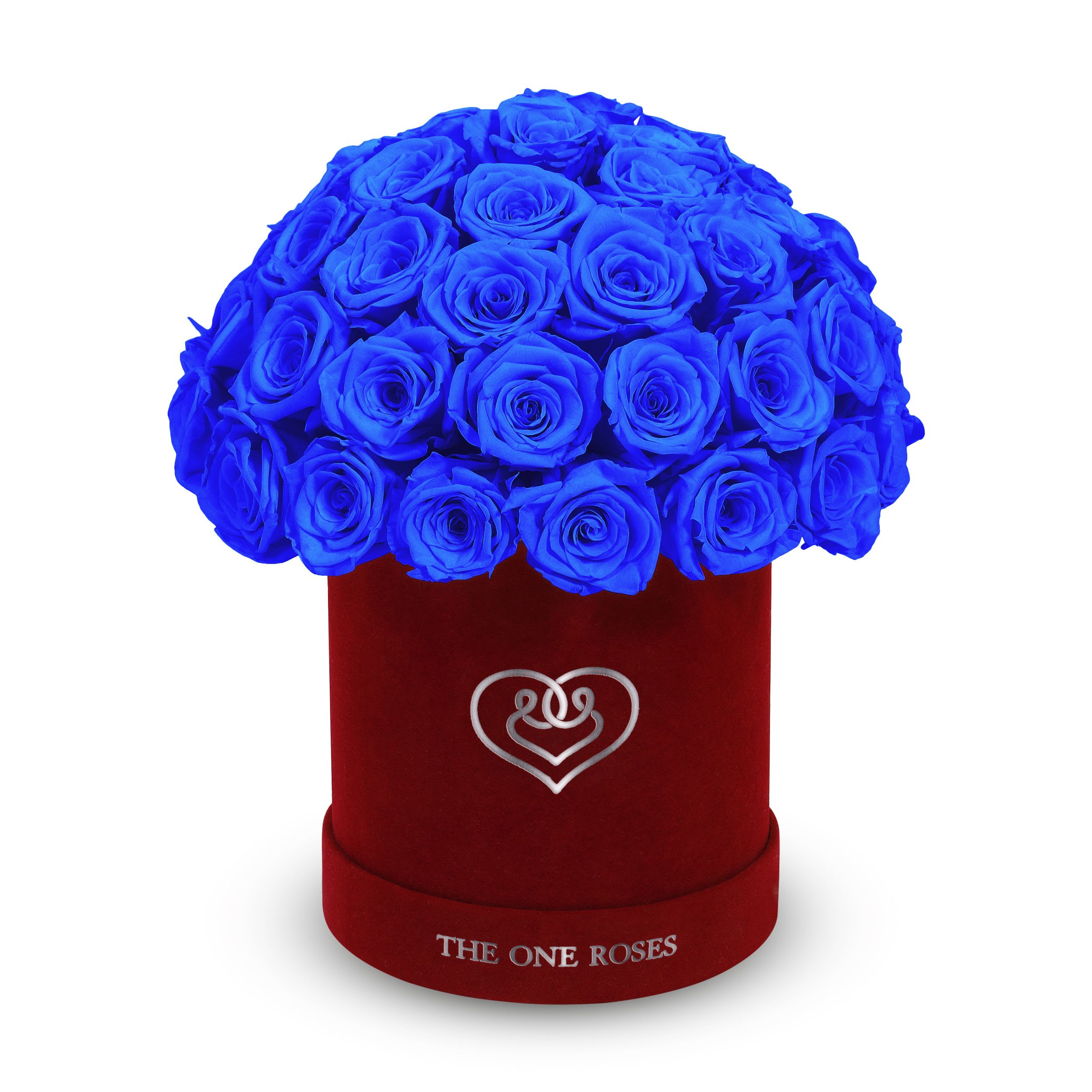 Suede Dome | Basic Burgundy Box Sapphire Blue Suede Dome | Basic Burgundy Box Sapphire Blue - The One Roses “Suede Collection“ consists of unique, real preserved roses in basic round handcrafted luxury black suede box with a top.  With about 50 stems of The One long lasting (med size) real preserved roses.  Durability: approx. 1-3 years.  Product Dimension: 6″× 6″ / ABOUT 50ROSES  Our roses, which are carefully sourced from the highest quality gardens in Ecuador, are made to represent the eternal yet ephemeral nature of Love itself. Our Roses are specially customized with essential oils to increase the fragrance.  Product Care: DO NOT Water the roses! AVOID direct exposure to sunlight. Keep the arrangement in a room-temperature environment. If dust collects after a few months, remove it lightly using a duster. DO NOT place anything onto the roses as they can crush and damage the roses. DO NOT remove the roses from the box; they are secure and happy there. DO NOT allow roses to have direct contact with light colored fabric or surfaces, as staining may occur. The lid is meant to stay on the side or bottom of the box. Be mindful when carrying the arrangement: it's a very delicate product!