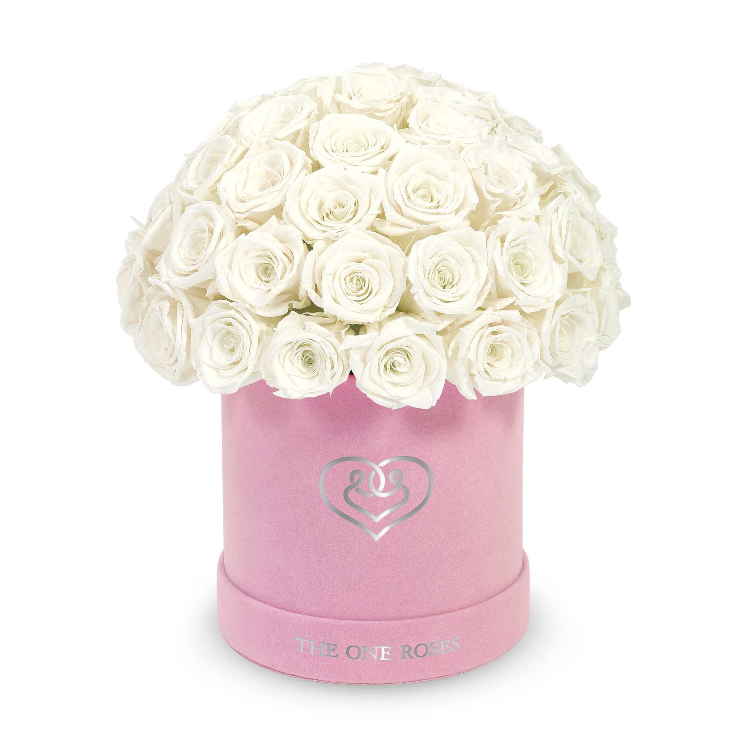 Suede Dome | Basic Pink Box Pearl White Suede Dome | Basic Pink Box Pearl White - The One Roses “Suede Collection“ consists of unique, real preserved roses in basic round handcrafted luxury black suede box with a top.  With about 50 stems of The One long lasting (med size) real preserved roses.  Durability: approx. 1-3 years.  Product Dimension: 6″× 6″ / ABOUT 50 ROSES  Our roses, which are carefully sourced from the highest quality gardens in Ecuador, are made to represent the eternal yet ephemeral nature of Love itself. Our Roses are specially customized with essential oils to increase the fragrance.  Product Care: DO NOT Water the roses! AVOID direct exposure to sunlight. Keep the arrangement in a room-temperature environment. If dust collects after a few months, remove it lightly using a duster. DO NOT place anything onto the roses as they can crush and damage the roses. DO NOT remove the roses from the box; they are secure and happy there. DO NOT allow roses to have direct contact with light colored fabric or surfaces, as staining may occur. The lid is meant to stay on the side or bottom of the box. Be mindful when carrying the arrangement: it's a very delicate product!