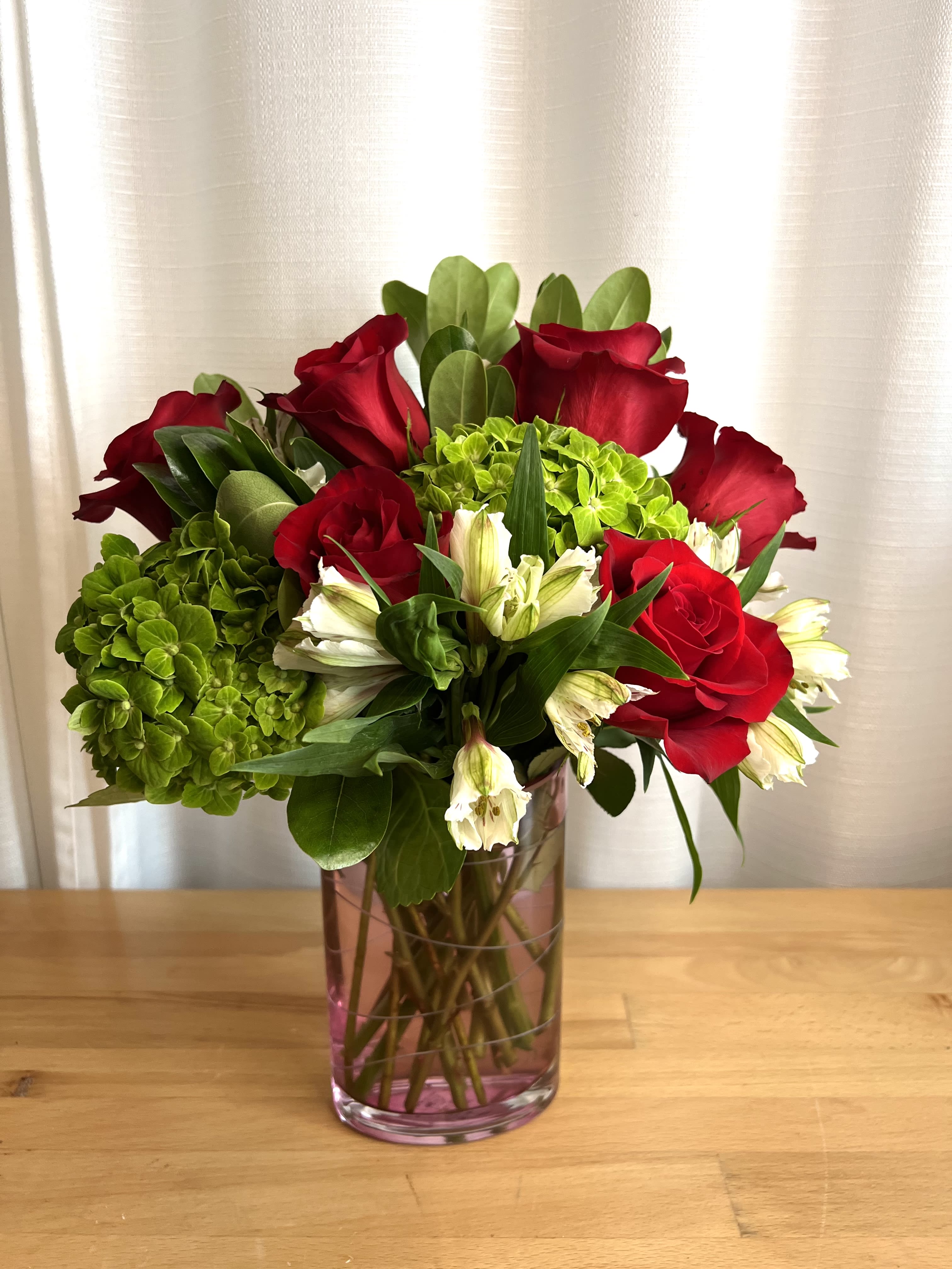 Red roses and green hydrangeas  - Just Because 