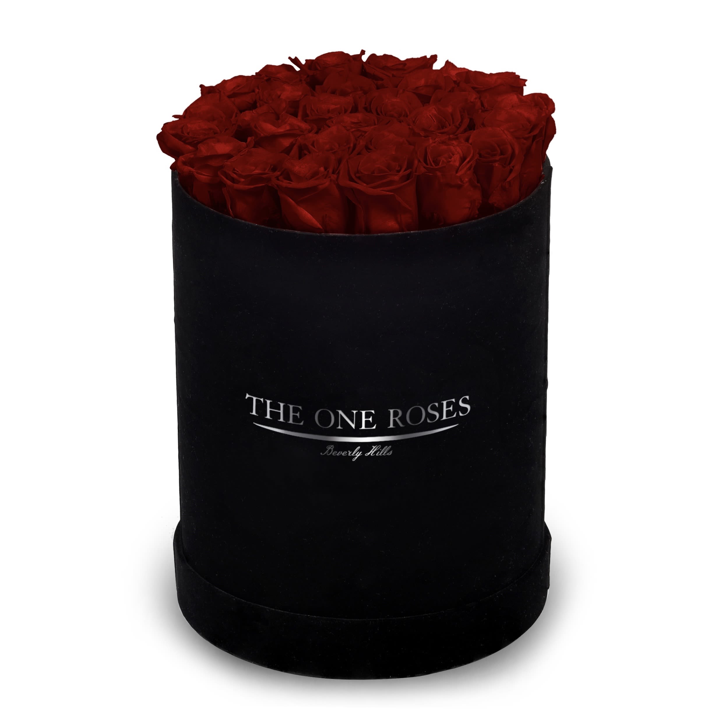 Suede Flat | Premium Black Box Burgundy Red Suede Flat | Premium Black Box Burgundy Red - The One Roses “Suede Collection“ consists of unique, real preserved roses in premium round handcrafted luxury black suede box with a top.  About 23-30 stems of The One long lasting (med size) real preserved roses.  THE ONE ROSES - Declaration of Love   Durability: approx. 1-3 years.