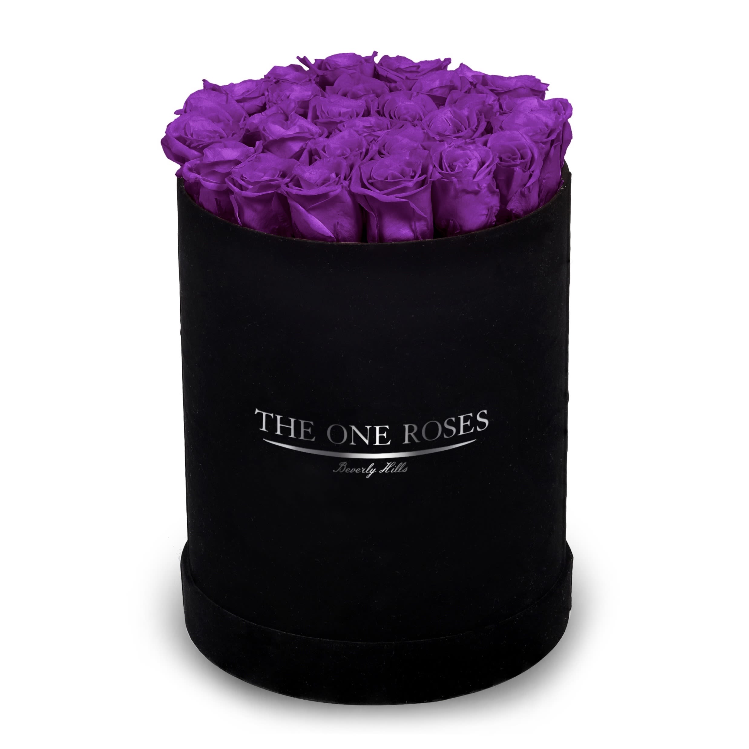 Suede Flat | Premium Black Box Purple Suede Flat | Premium Black Box Purple - The One Roses “Suede Collection“ consists of unique, real preserved roses in premium round handcrafted luxury black suede box with a top.  About 23-30 stems of The One long lasting (med size) real preserved roses.  THE ONE ROSES - Declaration of Love   Durability: approx. 1-3 years.