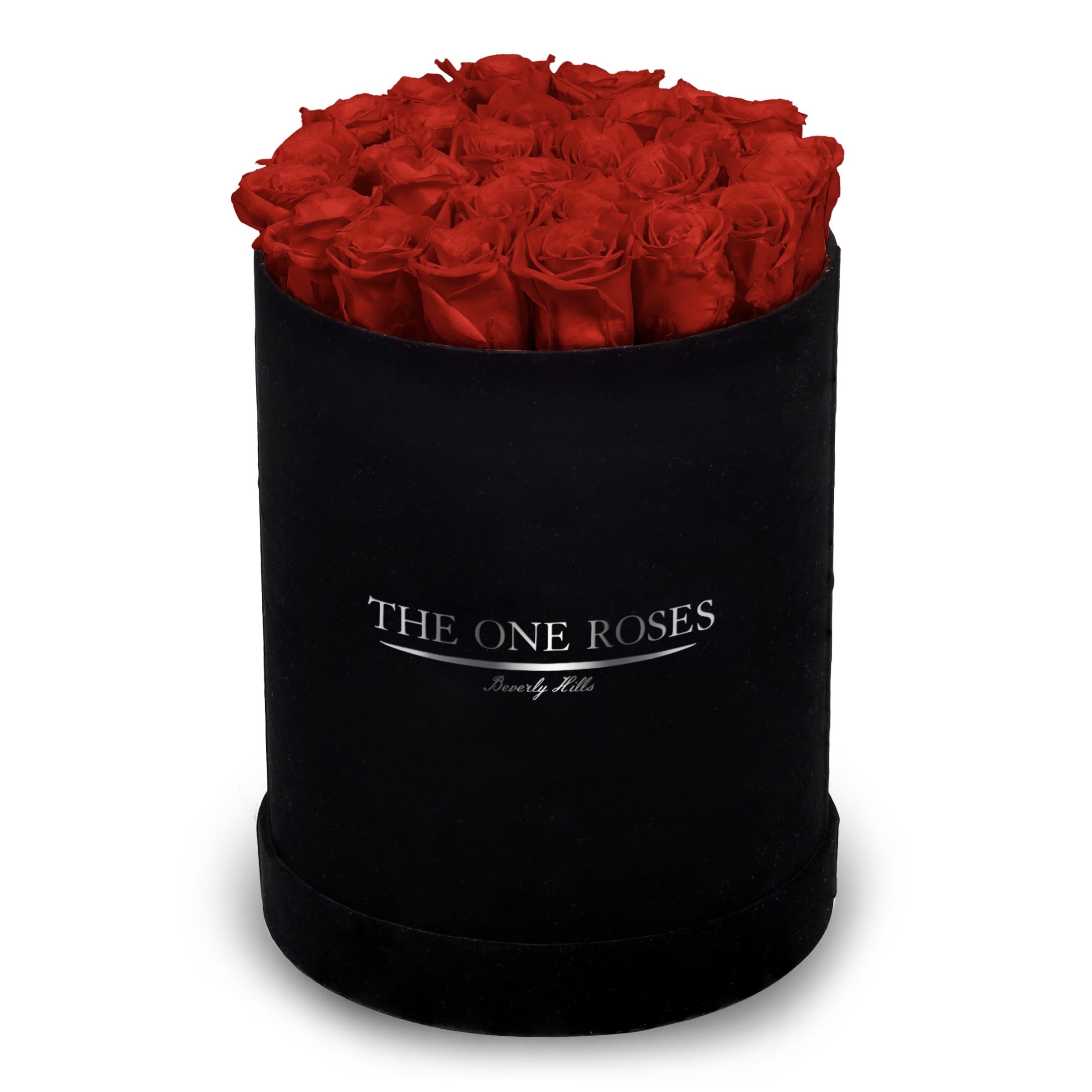 Suede Flat | Premium Black Box Crimson Red Suede Flat | Premium Black Box Crimson Red - The One Roses “Suede Collection“ consists of unique, real preserved roses in premium round handcrafted luxury black suede box with a top.  About 23-30 stems of The One long lasting (med size) real preserved roses.  THE ONE ROSES - Declaration of Love  Durability: approx. 1-3 years.