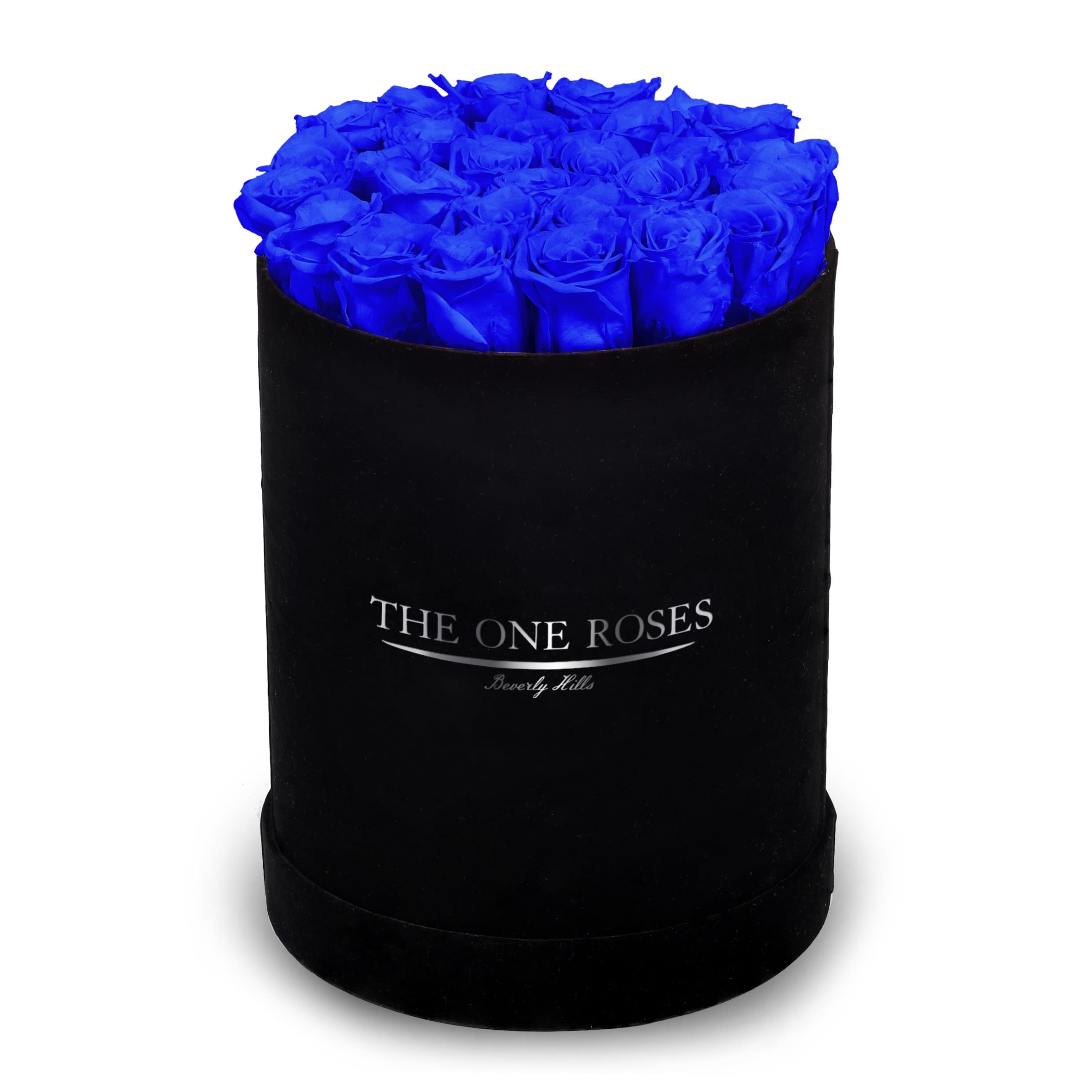 Suede Flat | Premium Black Box Sapphire Blue Suede Flat | Premium Black Box Sapphire Blue - The One Roses “Suede Collection“ consists of unique, real preserved roses in premium round handcrafted luxury black suede box with a top.  About 23-30 stems of The One long lasting (med size) real preserved roses.  THE ONE ROSES - Declaration of Love  Durability: approx. 1-3 years.