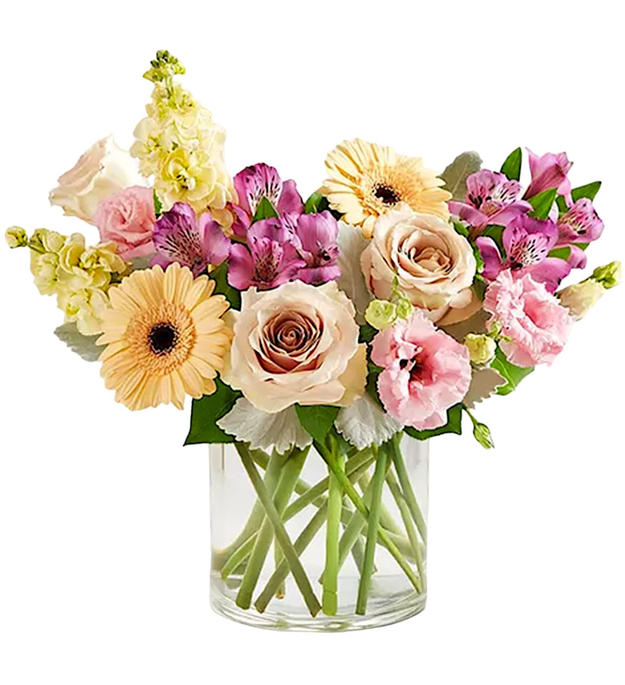 Nature's Charm - Spring’s natural beauty, captured in flowers. Our charming bouquet features a loose, stylized design and a soft, unique palette of pink, peach and cream. Gathered in a glass cylinder vase, it’s a refreshing surprise for every moment.  DETAILS All-around arrangement with ivory roses, pink lisianthus, peach mini-Gerbera daisies, purple Peruvian lilies (alstroemeria), cream stock, dusty miller; accented with assorted greenery.  VASE INCLUDED Orientation: All-Around Item #NF-418  FLORIST-TO-DOOR Same day flower delivery on most orders placed online by 12 pm or 10 am on weekends PST.  BLOOM DETAILS Roses Stock Lisianthus Mini Gerbera Daisies Alstroemeria Greenery  The Standard Arrangement is approximately 15&quot;H x 11&quot;H. The Deluxe Arrangement is approximately 16&quot;H x 12&quot;H. The Premium Arrangement is approximately 17&quot;H x 13&quot;H.  How to place an order? 1. You can place an order directly on this secure website OR 2. You can call in your order by dialing: (323) 262 - 9238 OR 3. You can visit our store (appointment recommended 323.262.9238)  NINFA'S FLOWERS 2405 WHITTIER BLVD. LOS ANGELES, CA. 90023  ATTENTION: *Please note that on busy holidays, Valentine's Day, and Mother's Day, we cannot verify if the recipient received the flowers until the following day. You can verify delivery on the website after 10:00 pm, call 323.262.9238 the following day after 10:00 am, or contact the recipient directly. Thank you for your patience and understanding.