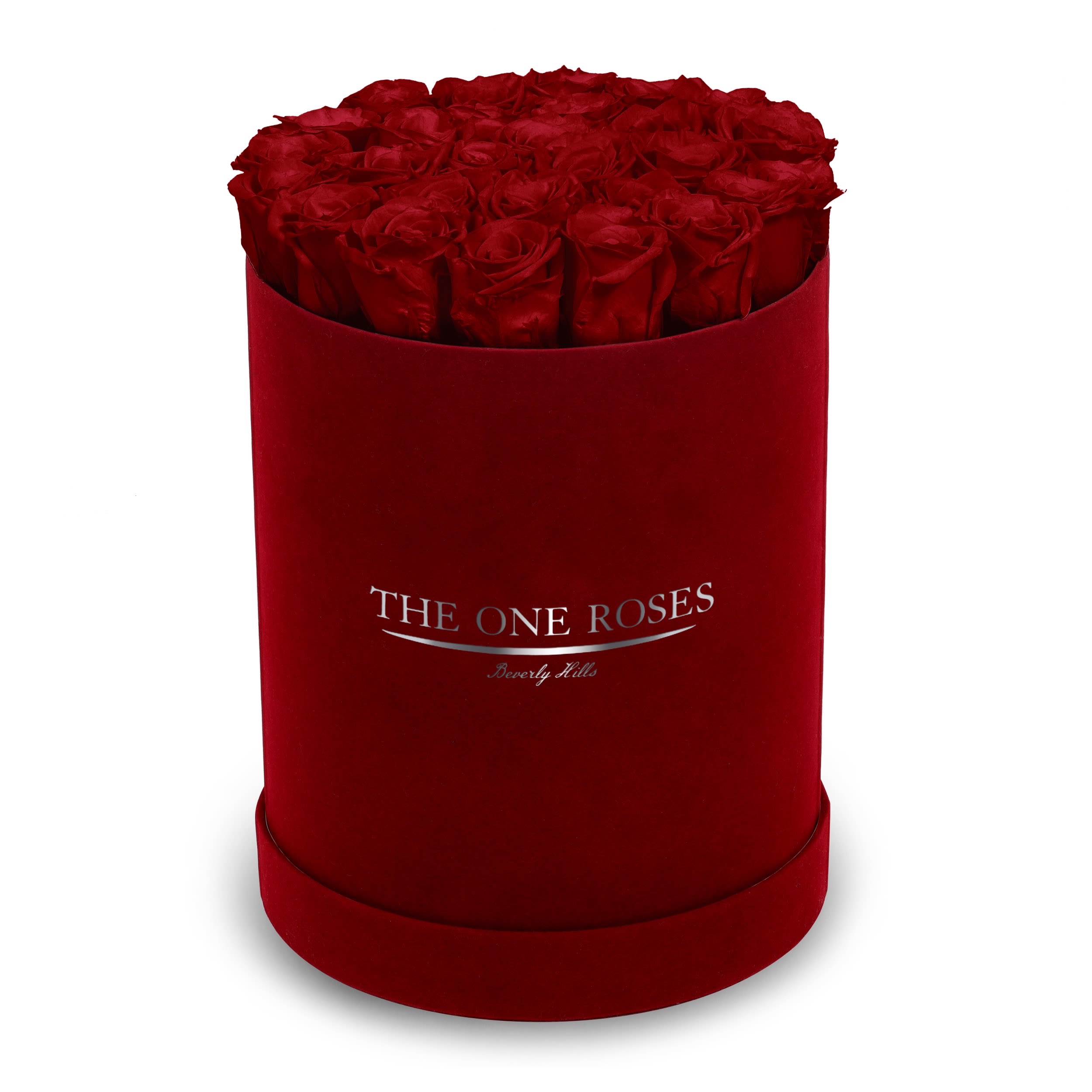 Suede Flat | Premium Burgundy Box Burgundy Red Suede Flat | Premium Burgundy Box Burgundy Red - The One Roses “Suede Collection“ consists of unique, real preserved roses in premium round handcrafted luxury burgundy suede box with a top.  About 23-30 stems of The One long lasting (med size) real preserved roses.  THE ONE ROSES - Declaration of Love   Durability: approx. 1-3 years.