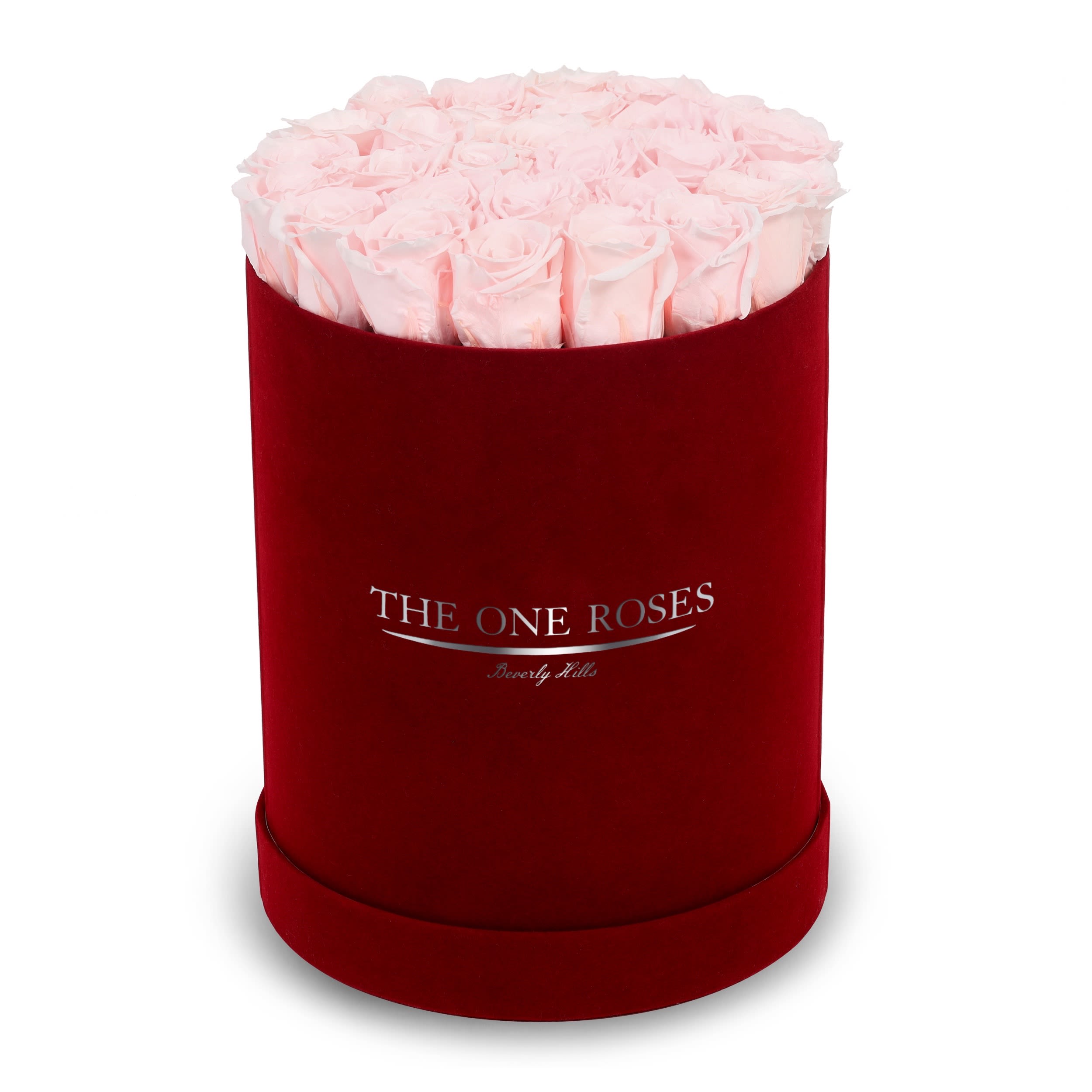 Suede Flat | Premium Burgundy Box Fairy Tale Pink Suede Flat | Premium Burgundy Box Fairy Tale Pink - The One Roses “Suede Collection“ consists of unique, real preserved roses in premium round handcrafted luxury burgundy suede box with a top.  About 23-30 stems of The One long lasting (med size) real preserved roses.  THE ONE ROSES - Declaration of Love   Durability: approx. 1-3 years.