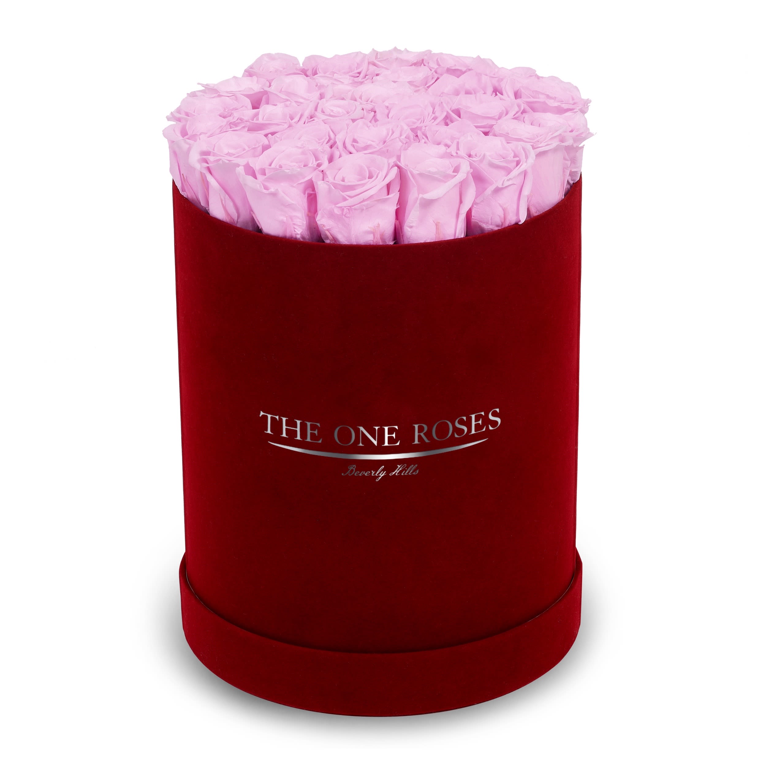 Suede Flat | Premium Burgundy Box Lilac Suede Flat | Premium Burgundy Box Lilac - The One Roses “Suede Collection“ consists of unique, real preserved roses in premium round handcrafted luxury burgundy suede box with a top.  About 23-30 stems of The One long lasting (med size) real preserved roses.  THE ONE ROSES - Declaration of Love   Durability: approx. 1-3 years.