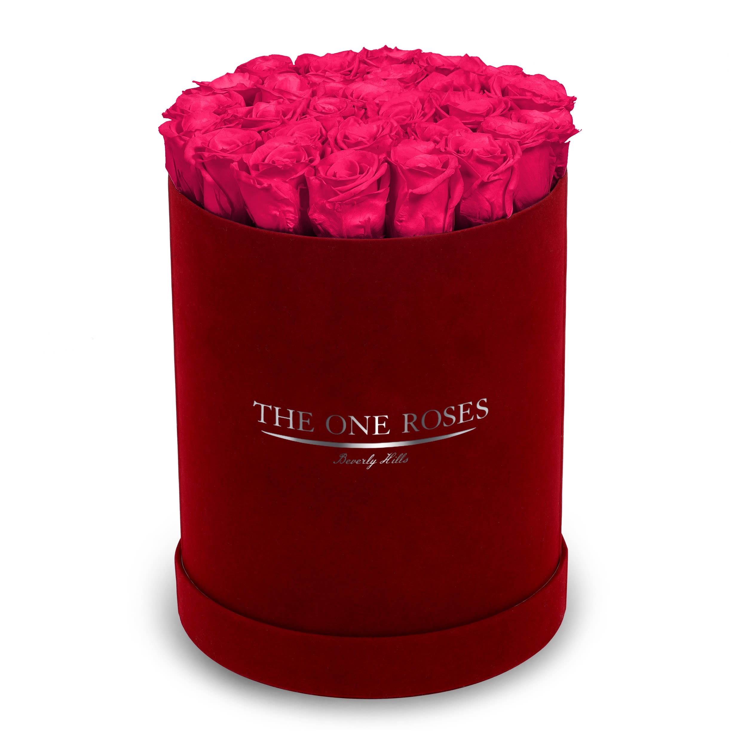 Suede Flat | Premium Burgundy Box Hot Pink Suede Flat | Premium Burgundy Box Hot Pink - The One Roses “Suede Collection“ consists of unique, real preserved roses in premium round handcrafted luxury burgundy suede box with a top.  About 23-30 stems of The One long lasting (med size) real preserved roses.  THE ONE ROSES - Declaration of Love   Durability: approx. 1-3 years.