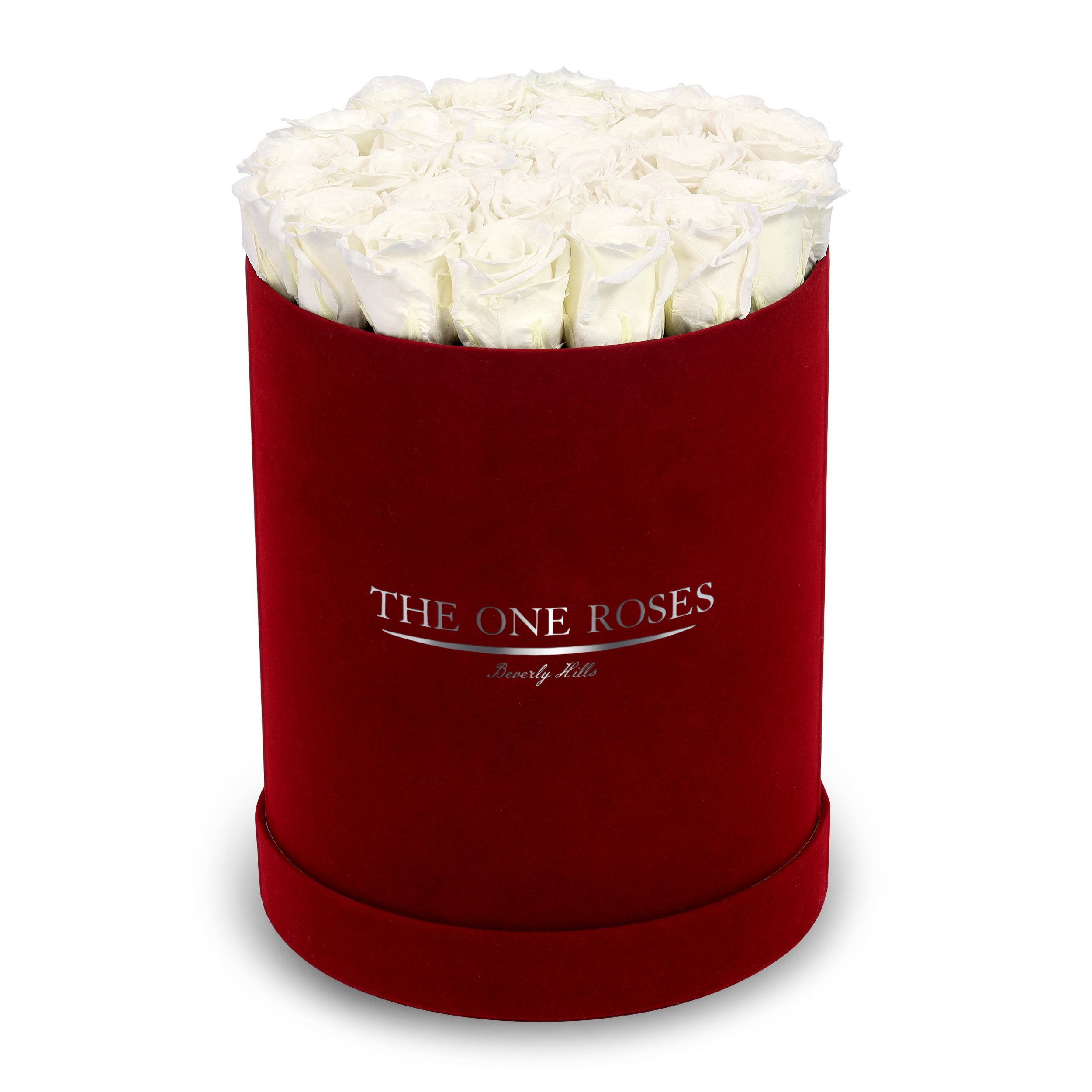 Suede Flat | Premium Burgundy Box Pearl White Suede Flat | Premium Burgundy Box Pearl White - The One Roses “Suede Collection“ consists of unique, real preserved roses in premium round handcrafted luxury burgundy suede box with a top.  About 23-30 stems of The One long lasting (med size) real preserved roses.  THE ONE ROSES - Declaration of Love   Durability: approx. 1-3 years.