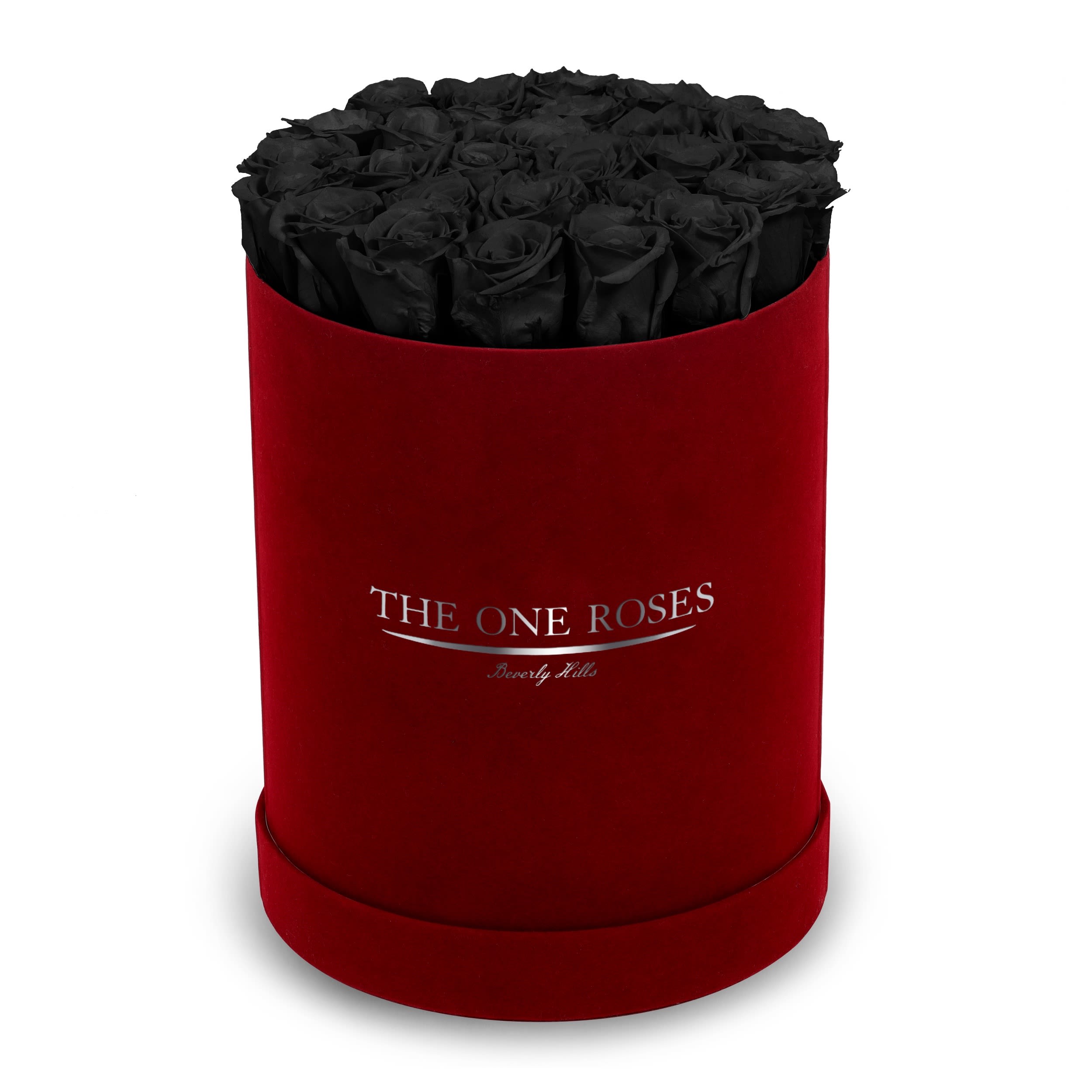 Suede Flat | Premium Burgundy Box Onyx Black Suede Flat | Premium Burgundy Box Onyx Black - The One Roses “Suede Collection“ consists of unique, real preserved roses in premium round handcrafted luxury burgundy suede box with a top.  About 23-30 stems of The One long lasting (med size) real preserved roses.  THE ONE ROSES - Declaration of Love   Durability: approx. 1-3 years.