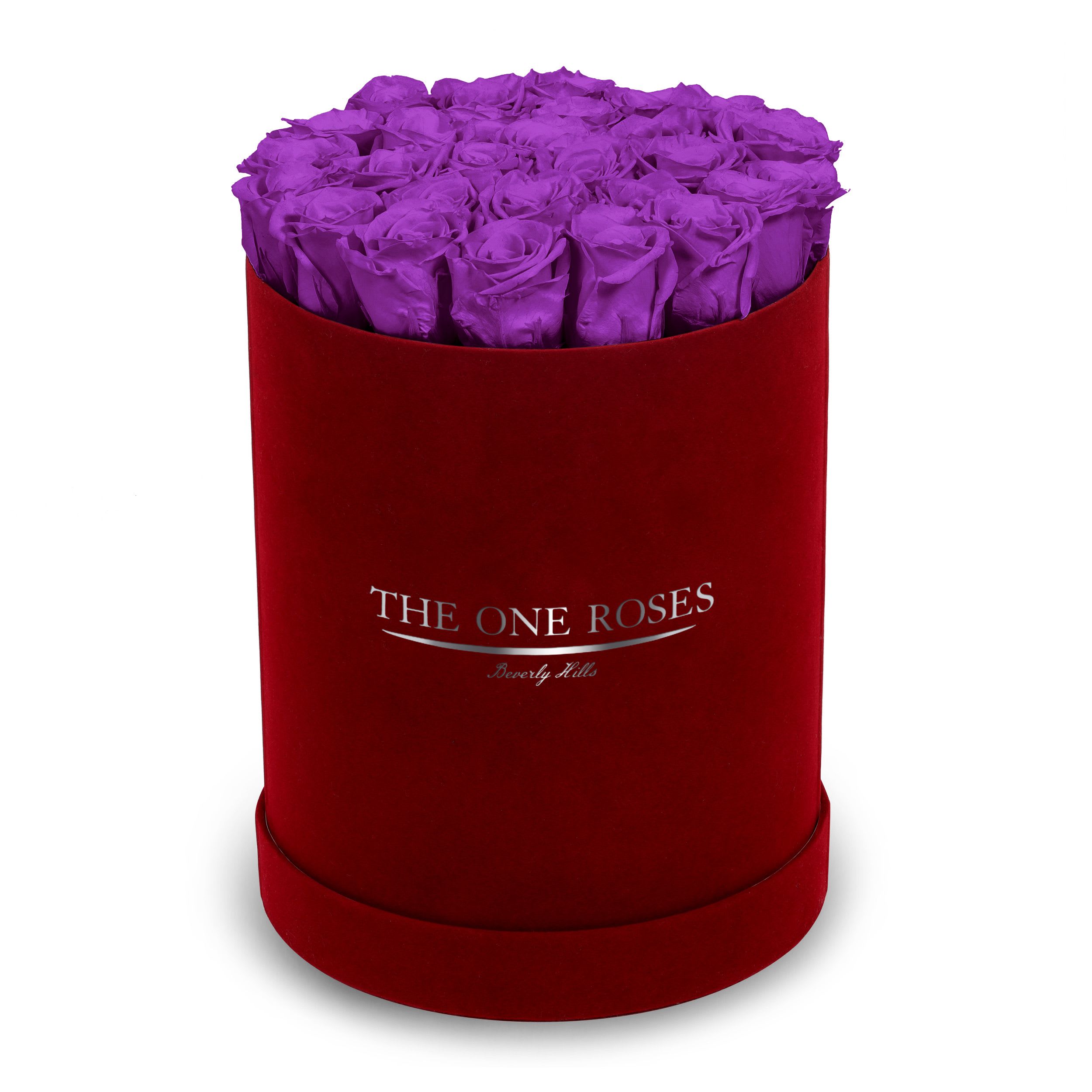 Suede Flat | Premium Burgundy Box Purple Suede Flat | Premium Burgundy Box Purple - The One Roses “Suede Collection“ consists of unique, real preserved roses in premium round handcrafted luxury burgundy suede box with a top.  About 23-30 stems of The One long lasting (med size) real preserved roses.  THE ONE ROSES - Declaration of Love   Durability: approx. 1-3 years.
