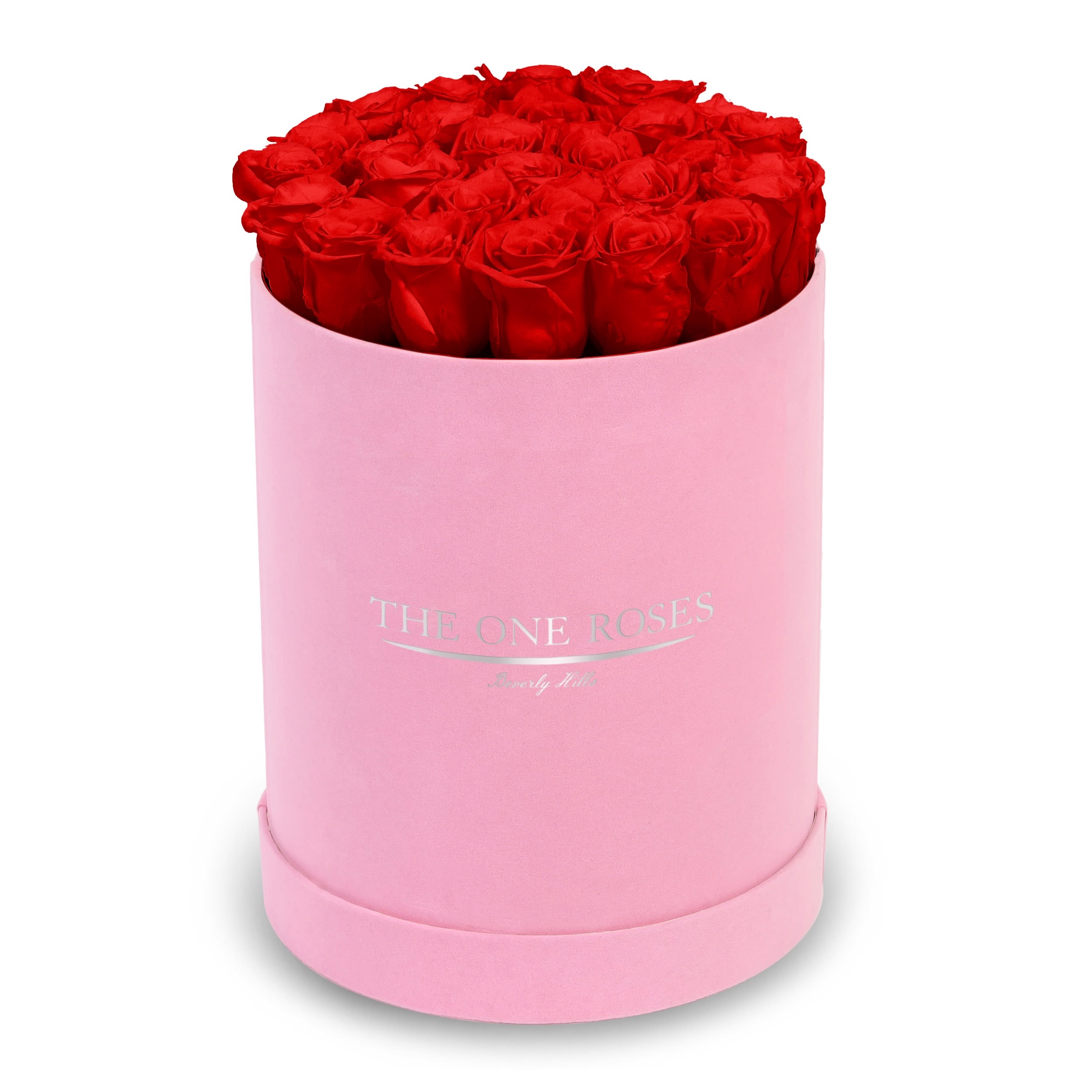 Suede Flat | Premium Pink Box Crimson Red Suede Flat | Premium Pink Box Crimson Red - The One Roses “Suede Collection“ consists of unique, real preserved roses in premium round handcrafted luxury pink suede box with a top.  About 23-30 stems of The One long lasting (med size) real preserved roses.  THE ONE ROSES - Declaration of Love  Durability: approx. 1-3 years.
