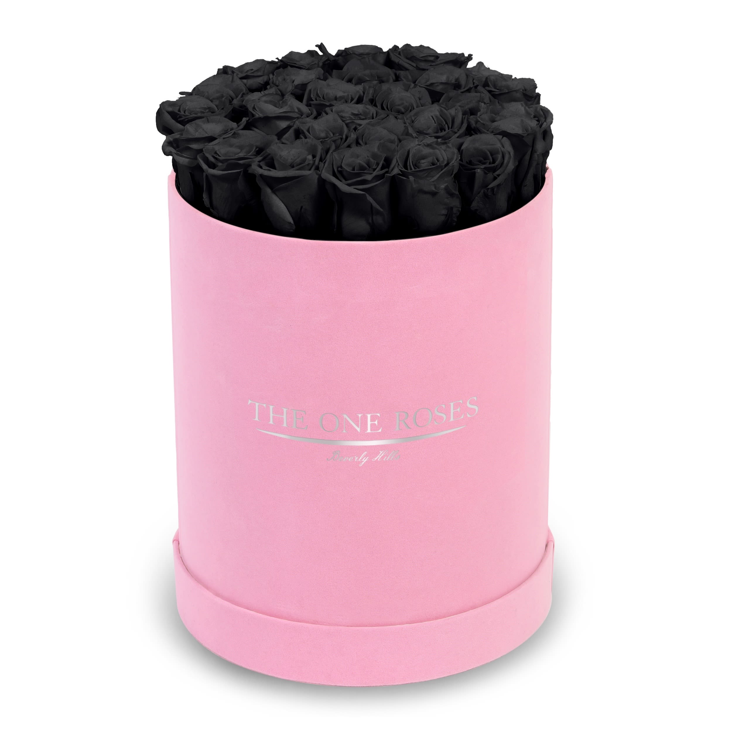 Suede Flat | Premium Pink Box Onyx Black Suede Flat | Premium Pink Box Onyx Black - The One Roses “Suede Collection“ consists of unique, real preserved roses in premium round handcrafted luxury pink suede box with a top.  About 23-30 stems of The One long lasting (med size) real preserved roses.  THE ONE ROSES - Declaration of Love  Durability: approx. 1-3 years.