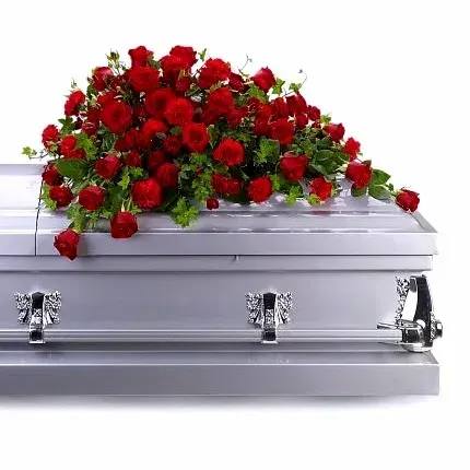 Red Rose Reverence Casket Spray - Red roses tell a story of love, beauty, and strength. This all-red spray graces the casket with accents of trailing ivy. A lush arrangement of deep red roses and carnations, accented with gorgeous green ivy.