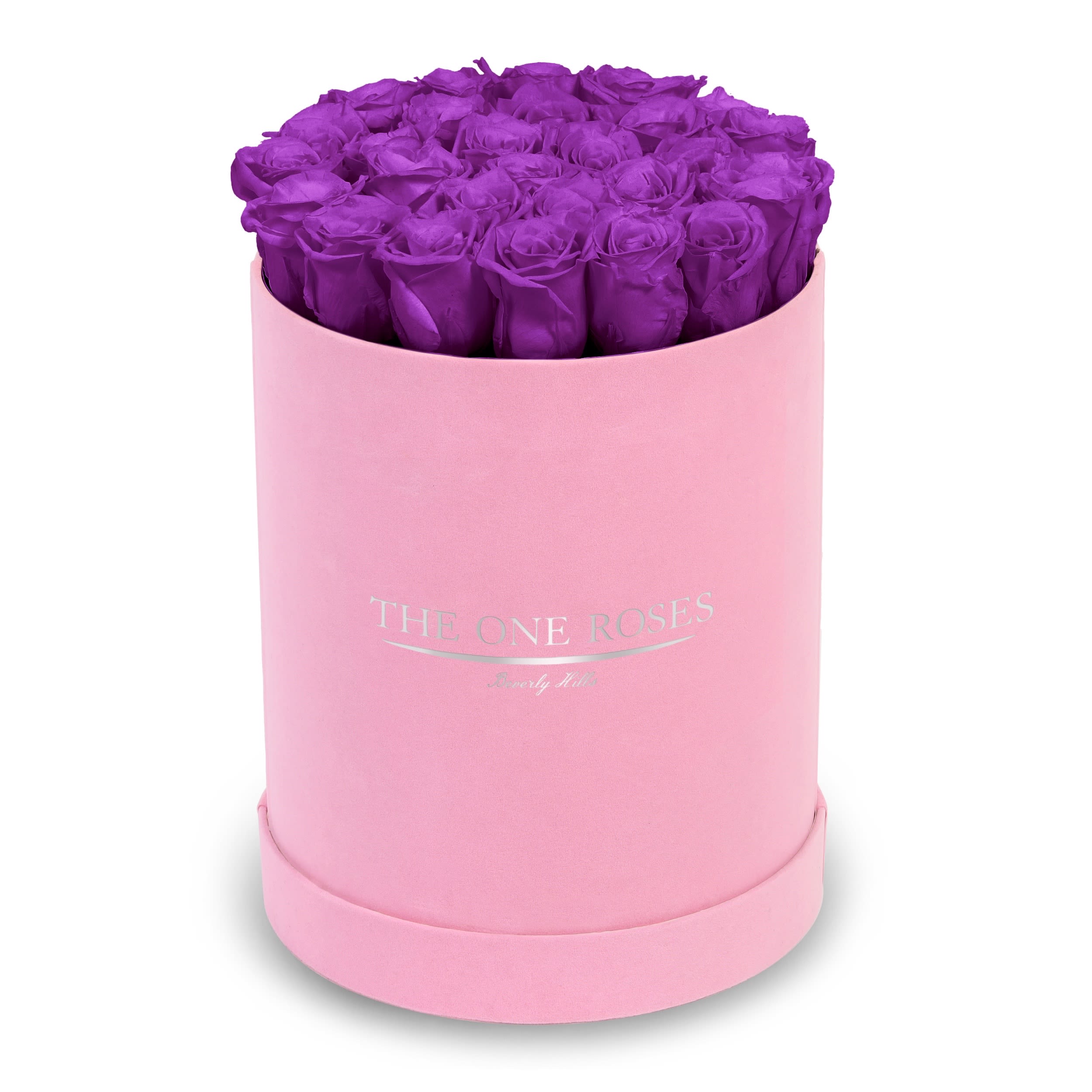 Suede Flat | Premium Pink Box Purple Suede Flat | Premium Pink Box Purple - The One Roses “Suede Collection“ consists of unique, real preserved roses in premium round handcrafted luxury pink suede box with a top.  About 23-30 stems of The One long lasting (med size) real preserved roses.  THE ONE ROSES - Declaration of Love  Durability: approx. 1-3 years.